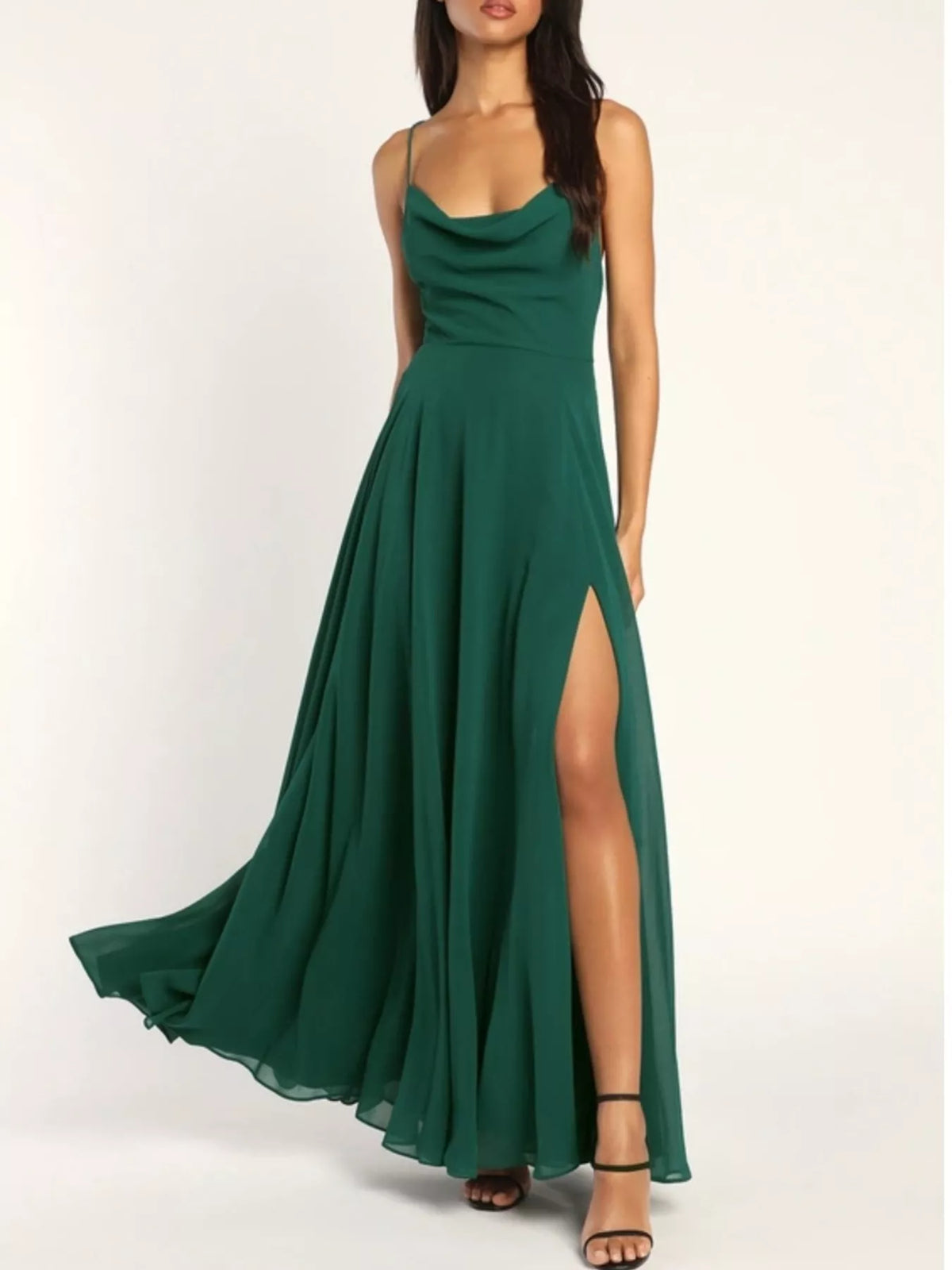 Backless Lace-Up Slit Cowl Neck Maxi Dress by Elegant Elements