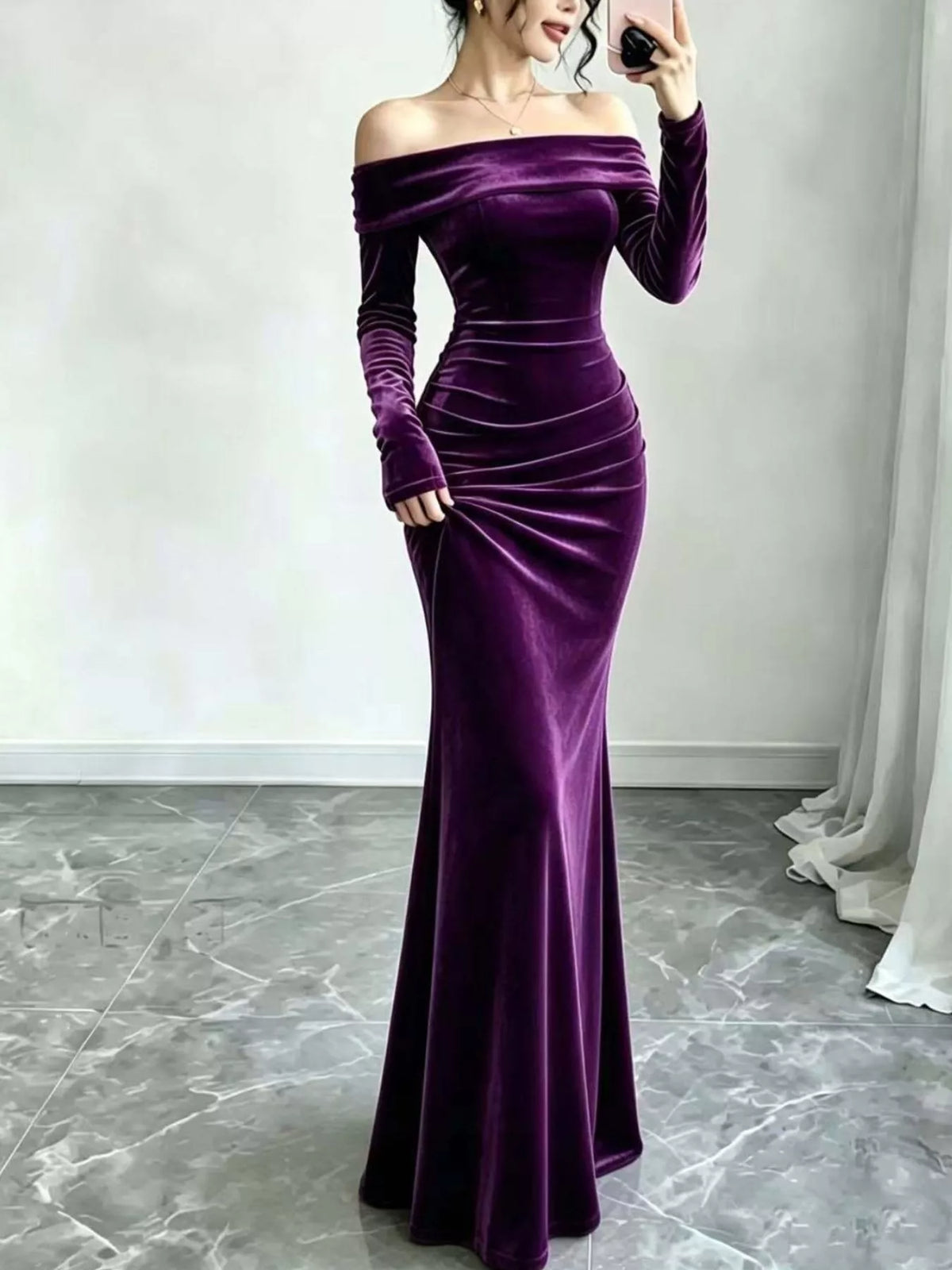 Off-Shoulder Ruched Mermaid Maxi Dress