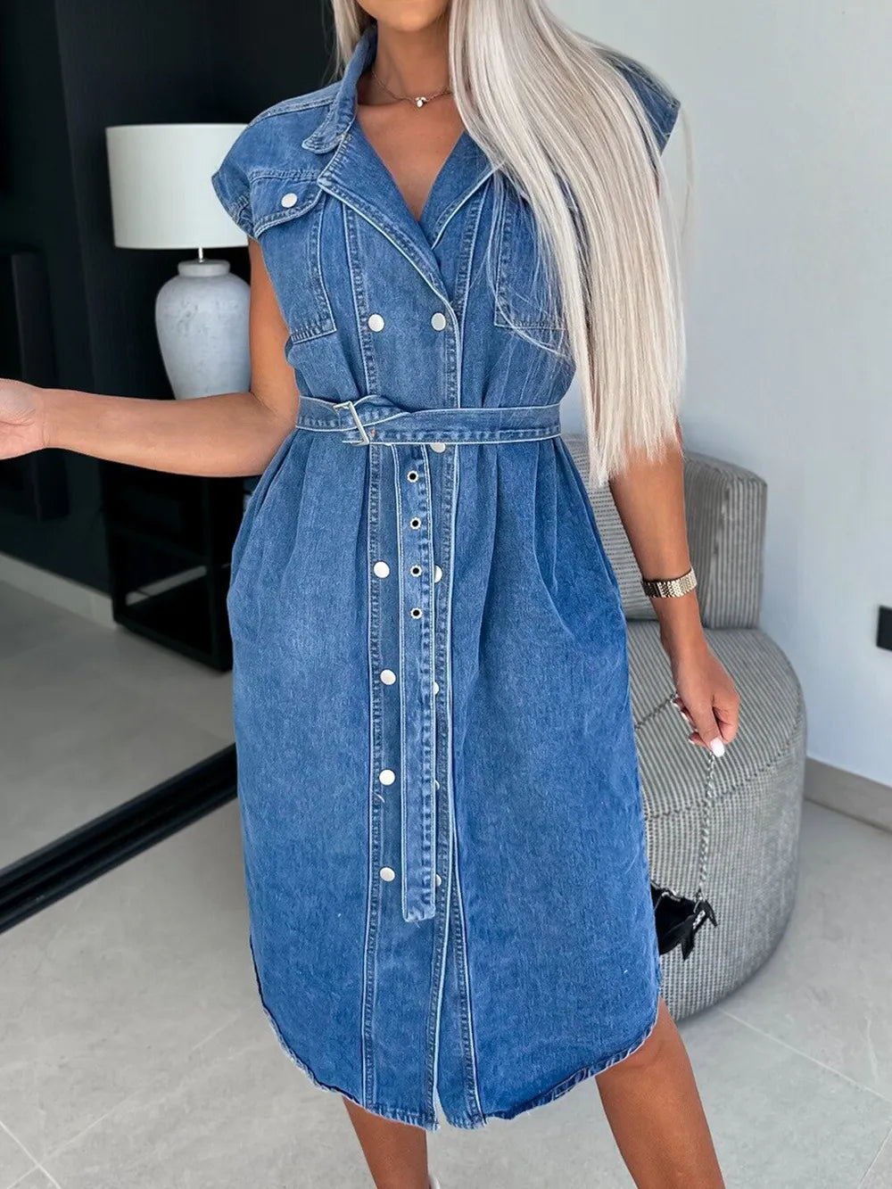 Collared Cap Sleeve Denim Dress by Y.Y@Denim