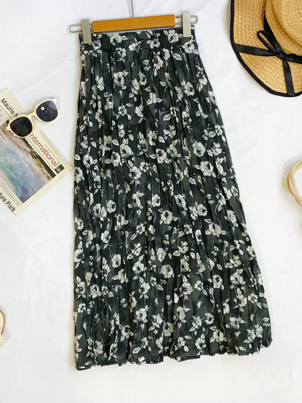 Floral Print Elastic-Waist Midi Skirt