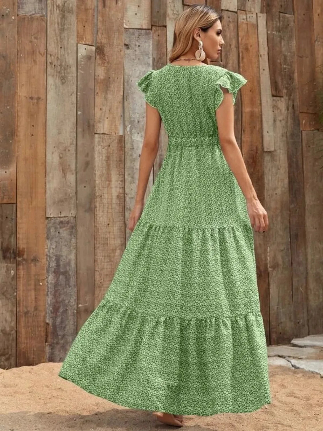 Ruffled Cap Sleeve V-Neck Maxi Dress