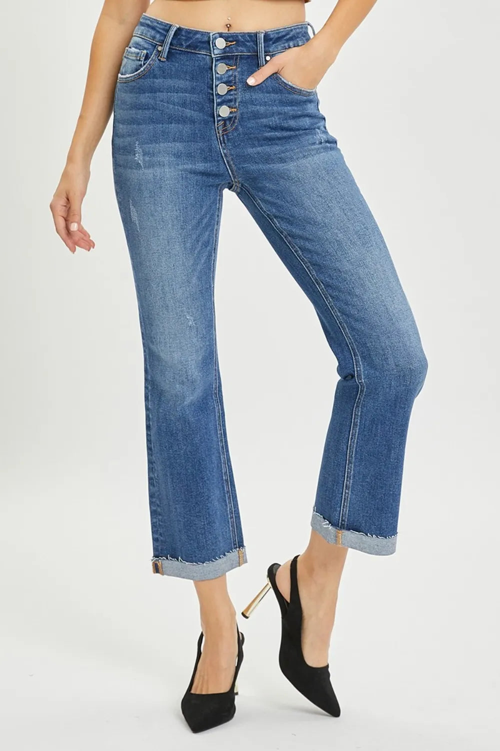 Risen Button Fly Cropped Bootcut Jeans in Dark Wash