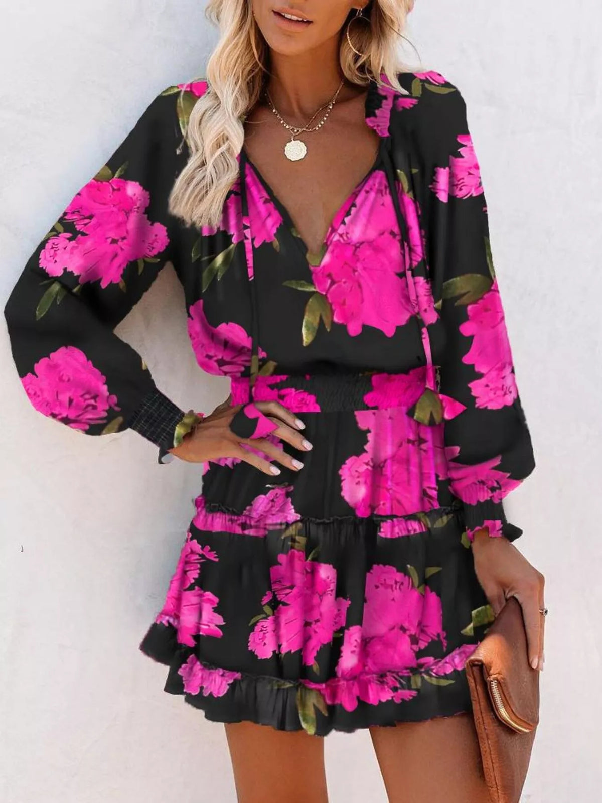 Tie-Neck Lantern Sleeve Dress with Tiered Ruffles