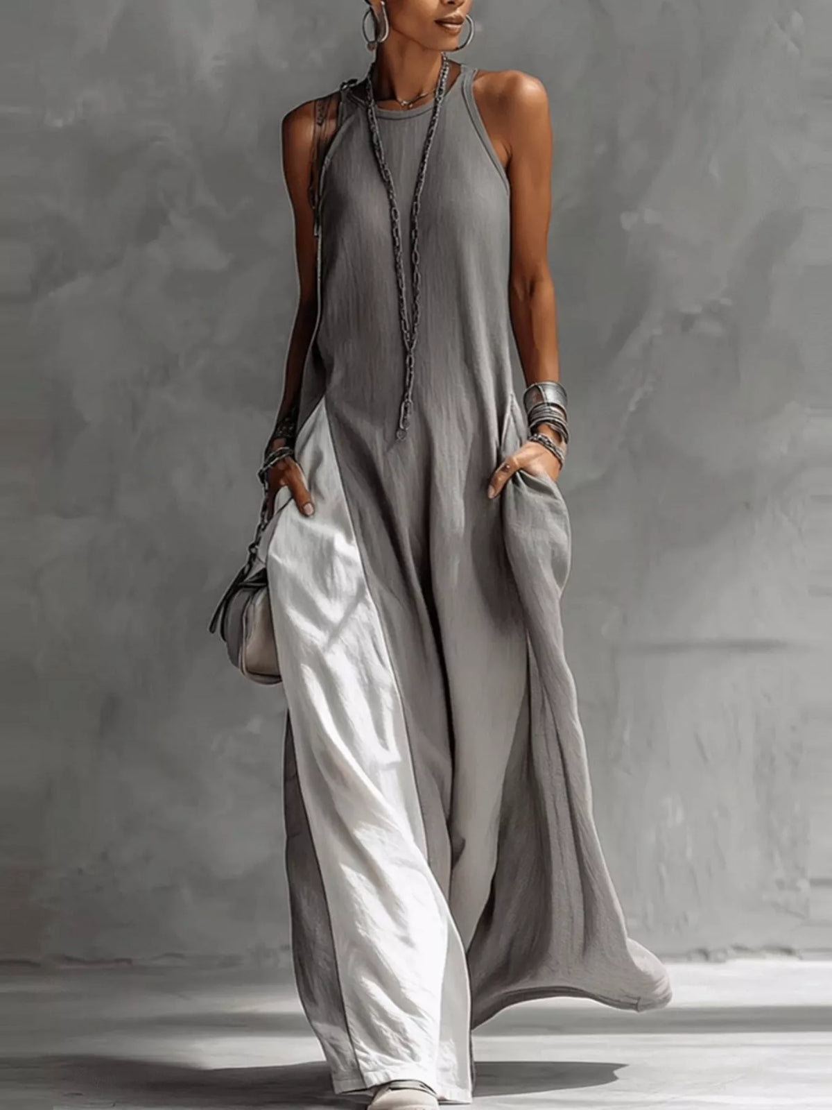 Two-Tone Sleeveless Maxi Dress with Pockets