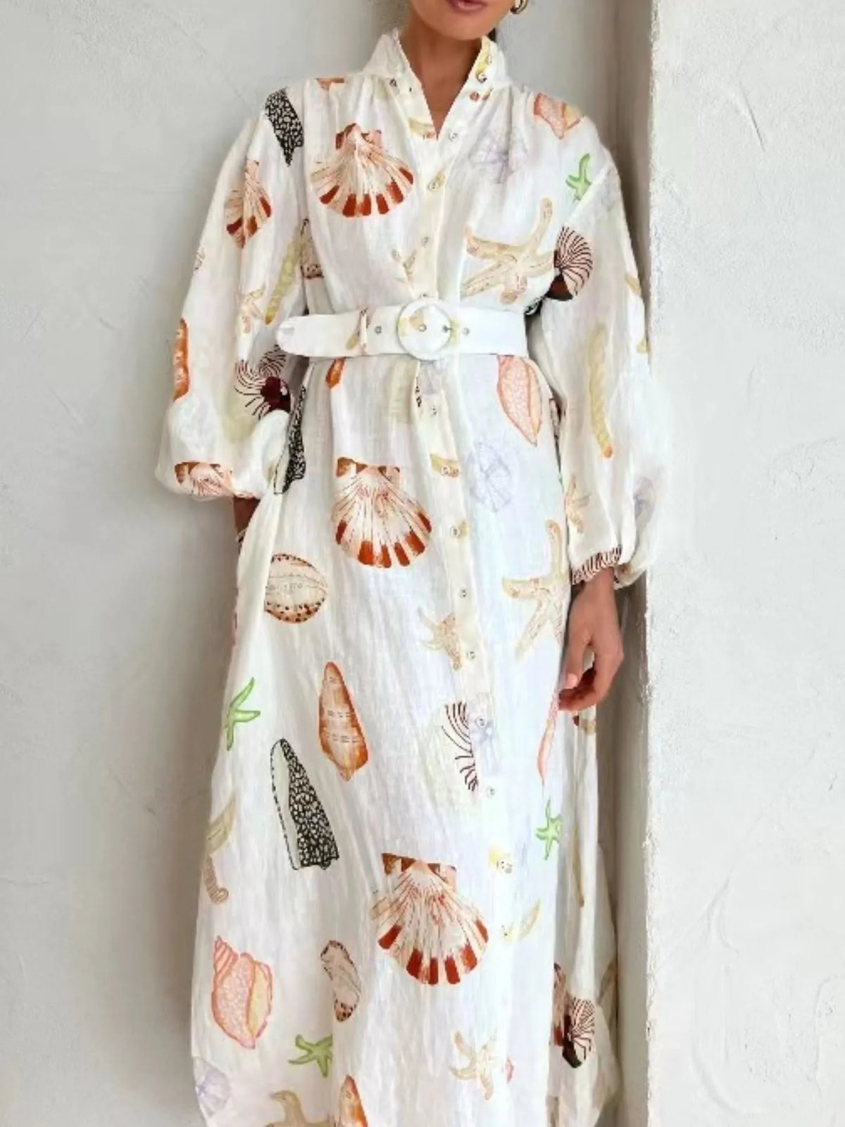 Printed Balloon Sleeve Maxi Shirt Dress in Beige