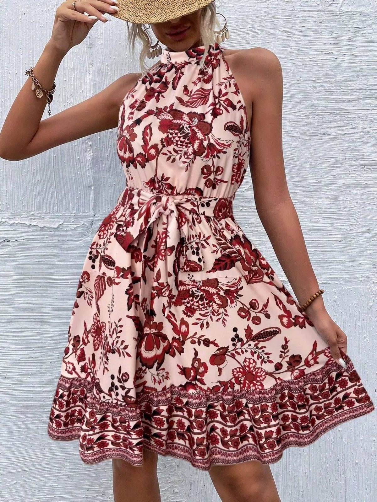 Printed Sleeveless Tie-Waist Dress