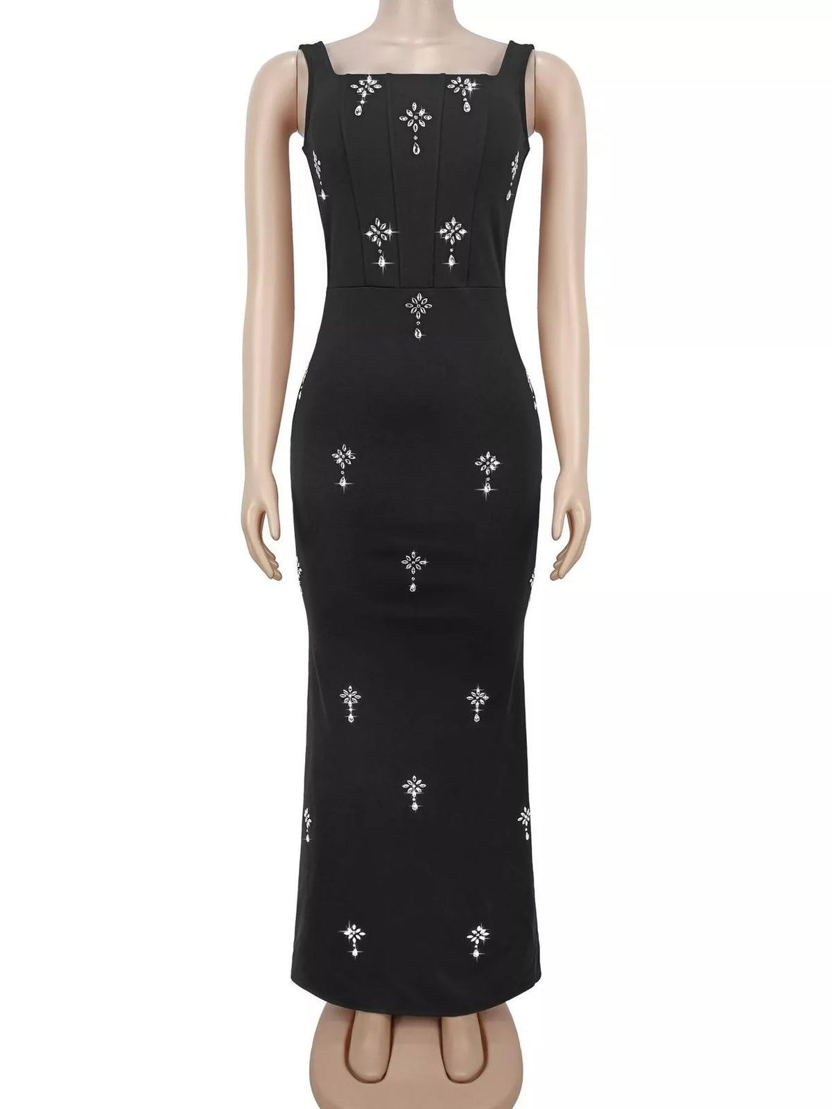 Rhinestone Bodycon Maxi Dress in Black