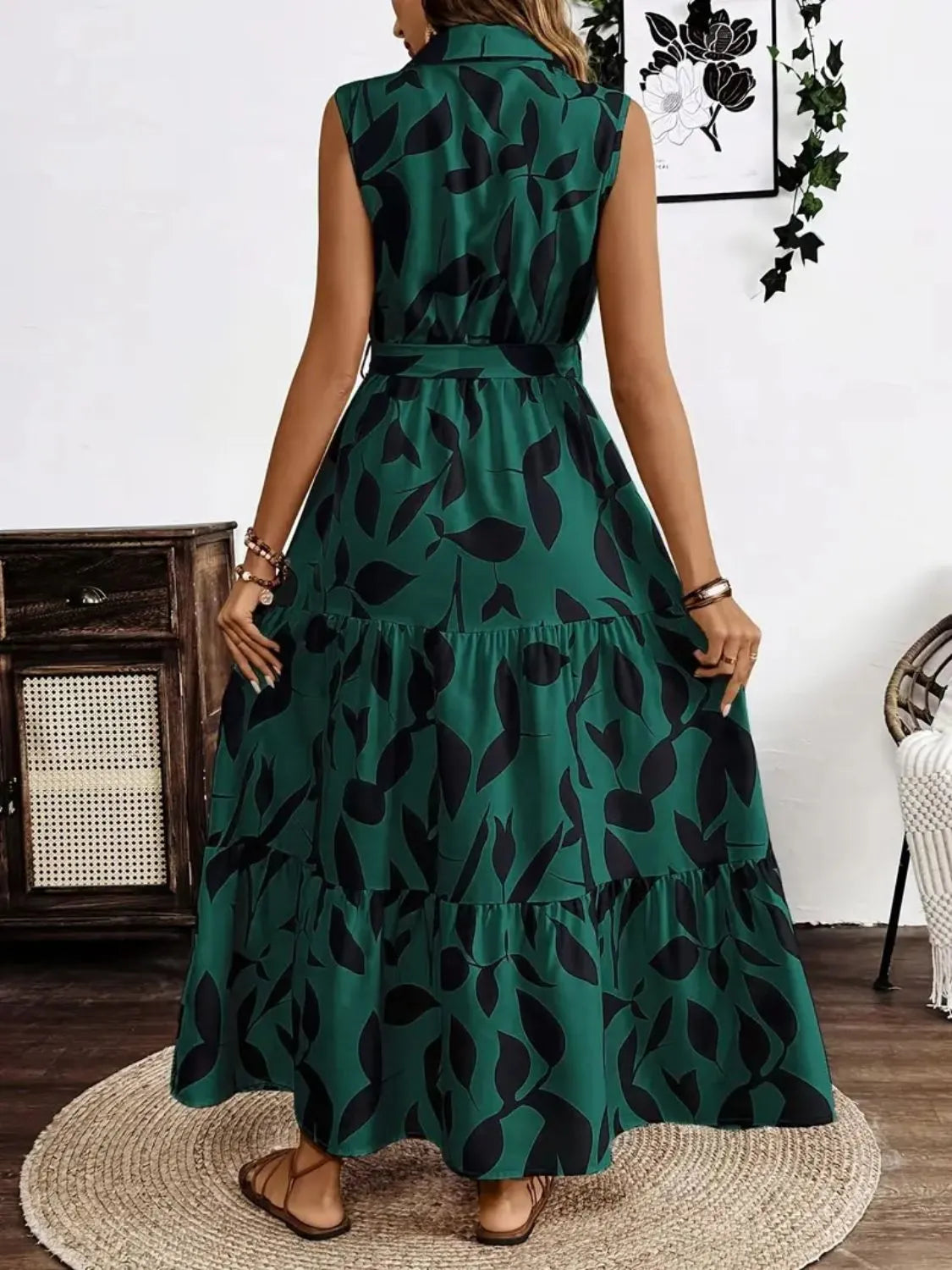 Printed Button-Front Tie-Waist Maxi Dress