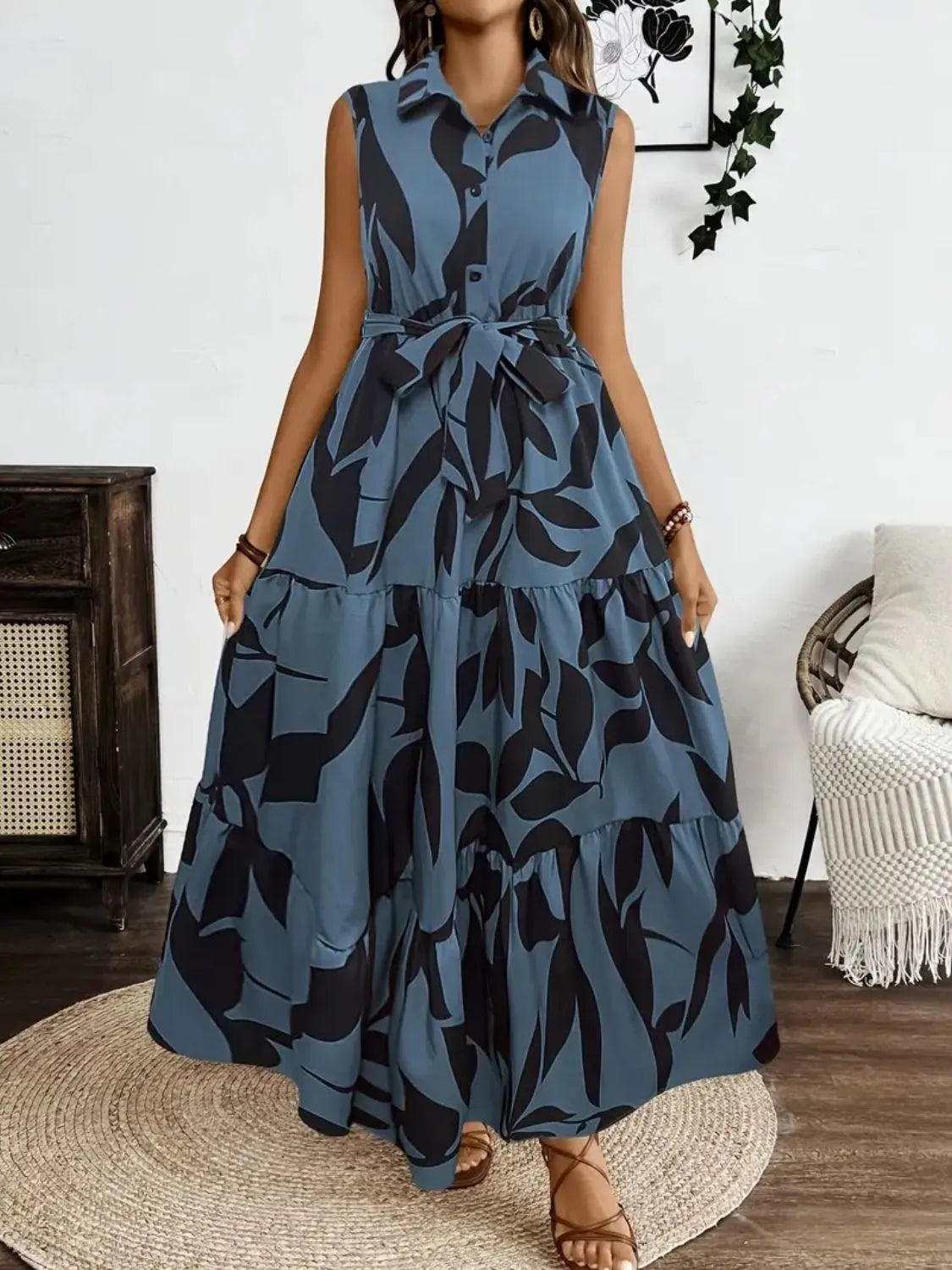 Printed Button-Front Tie-Waist Maxi Dress