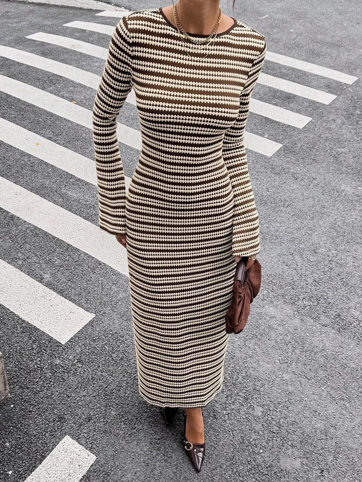 Striped Sweater Dress with Flared Sleeves