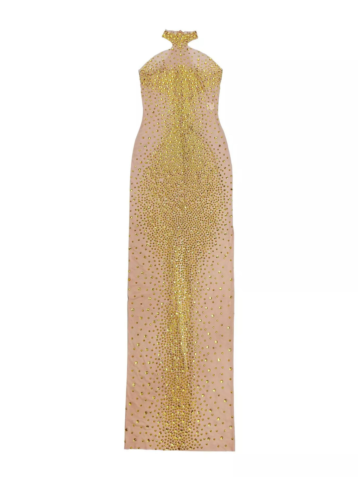 Rhinestone Embellished Mesh Dress with Back Slit in Gold