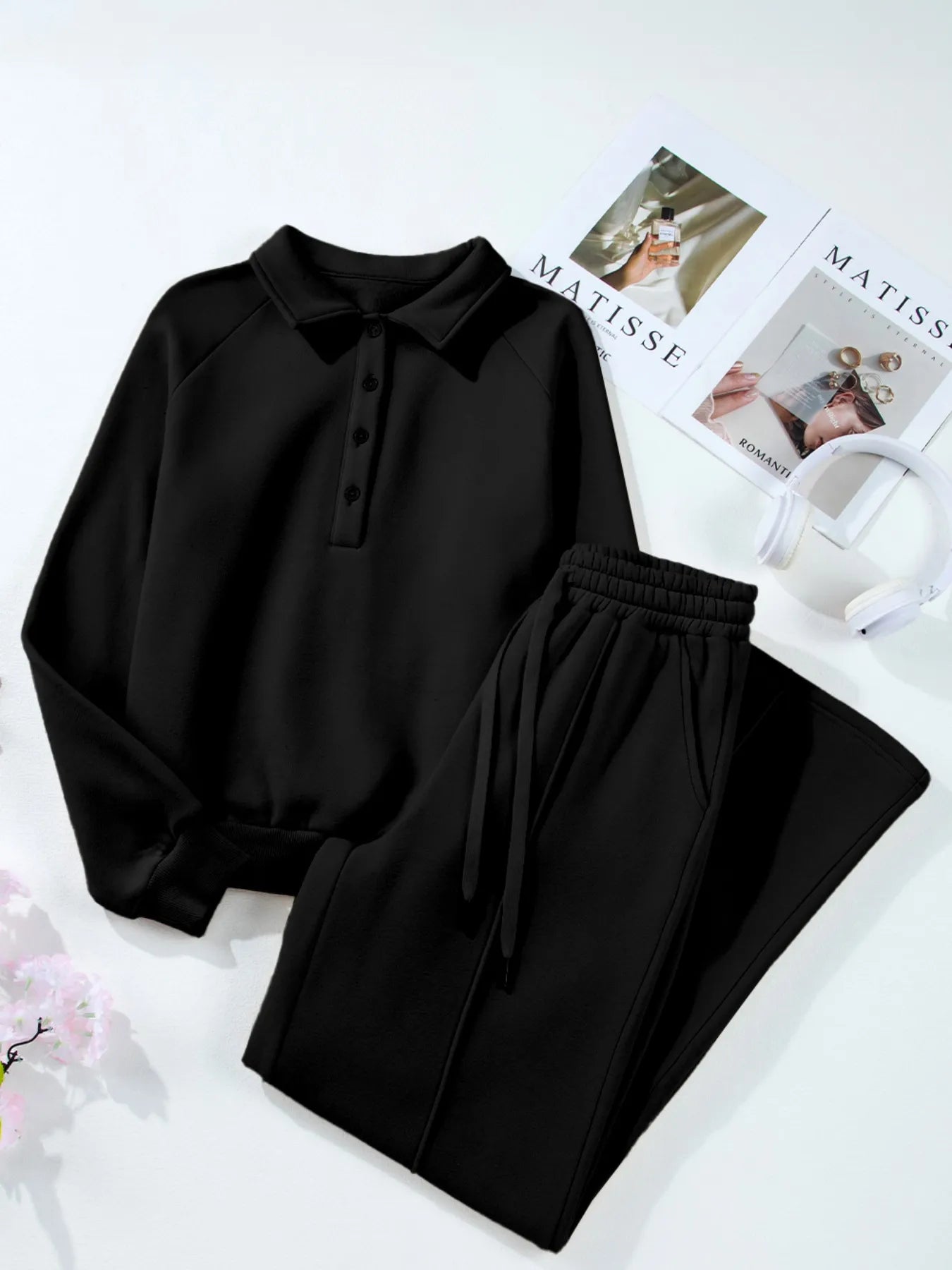 Collared Sweatshirt and High-Waist Pants Active Set
