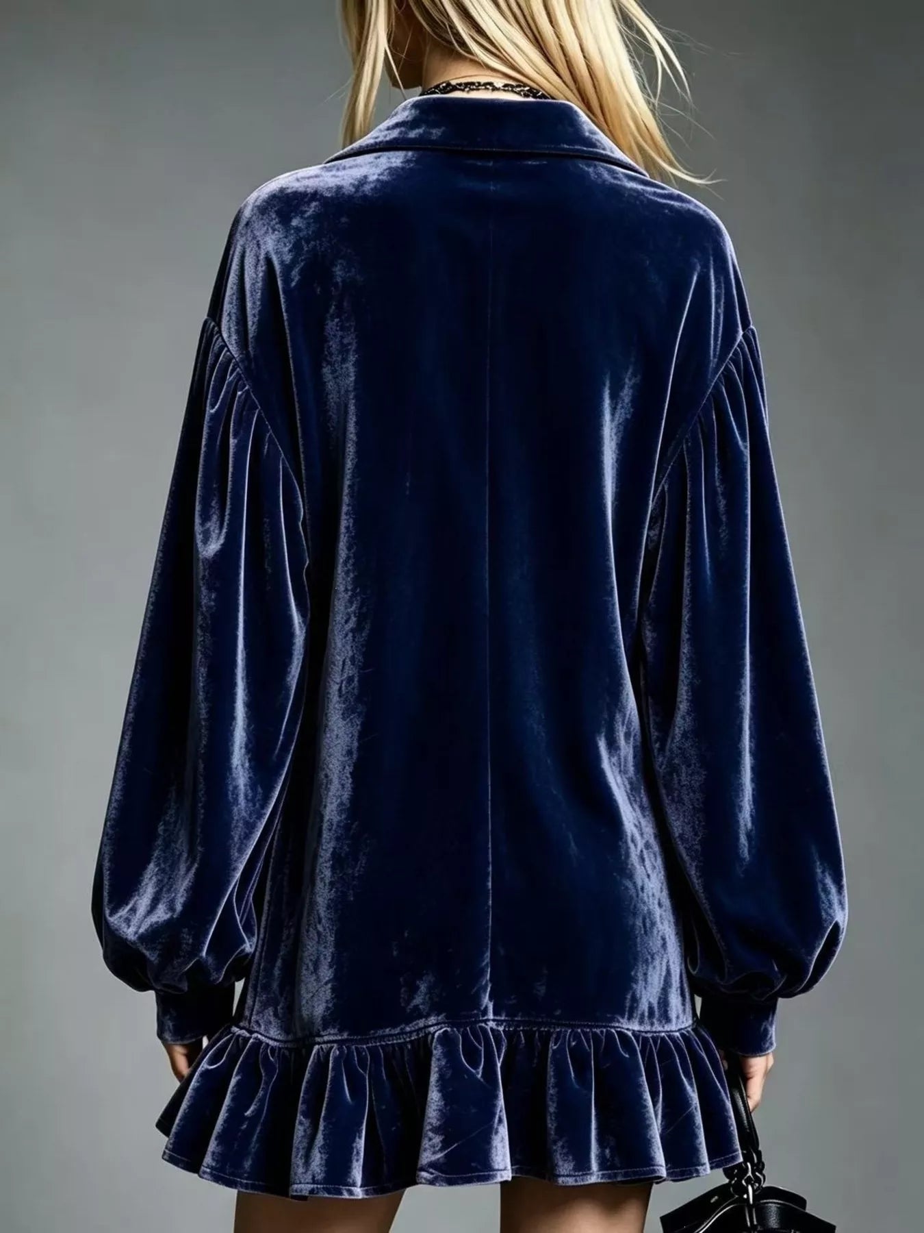 Velvet Ruffled-Hem Long Sleeve Dress
