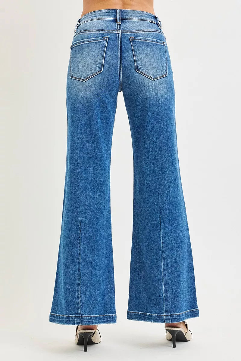 Risen Flared Wide Leg Jeans in Medium Wash