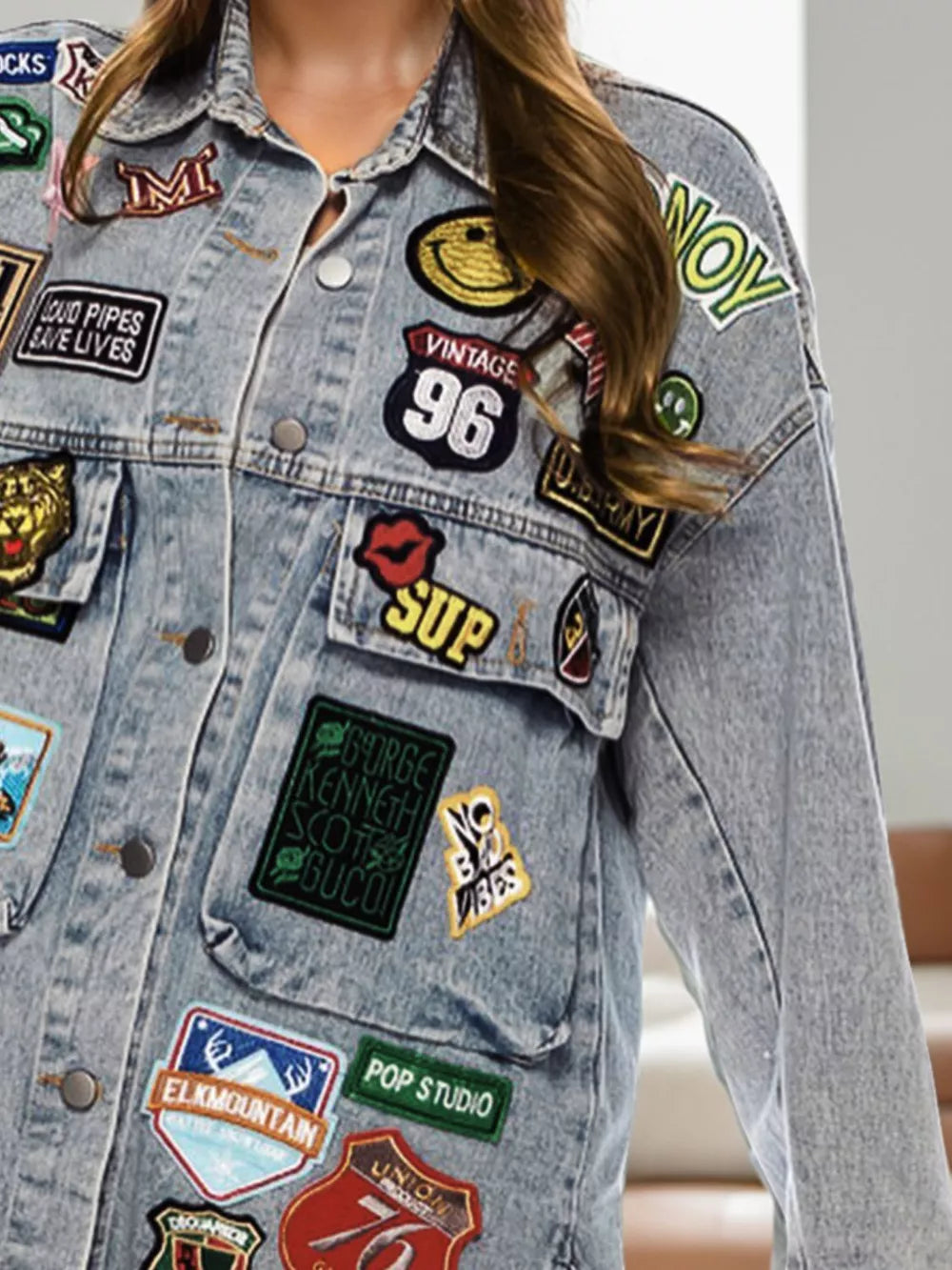 Embroidered Patch Button-Up Denim Jacket