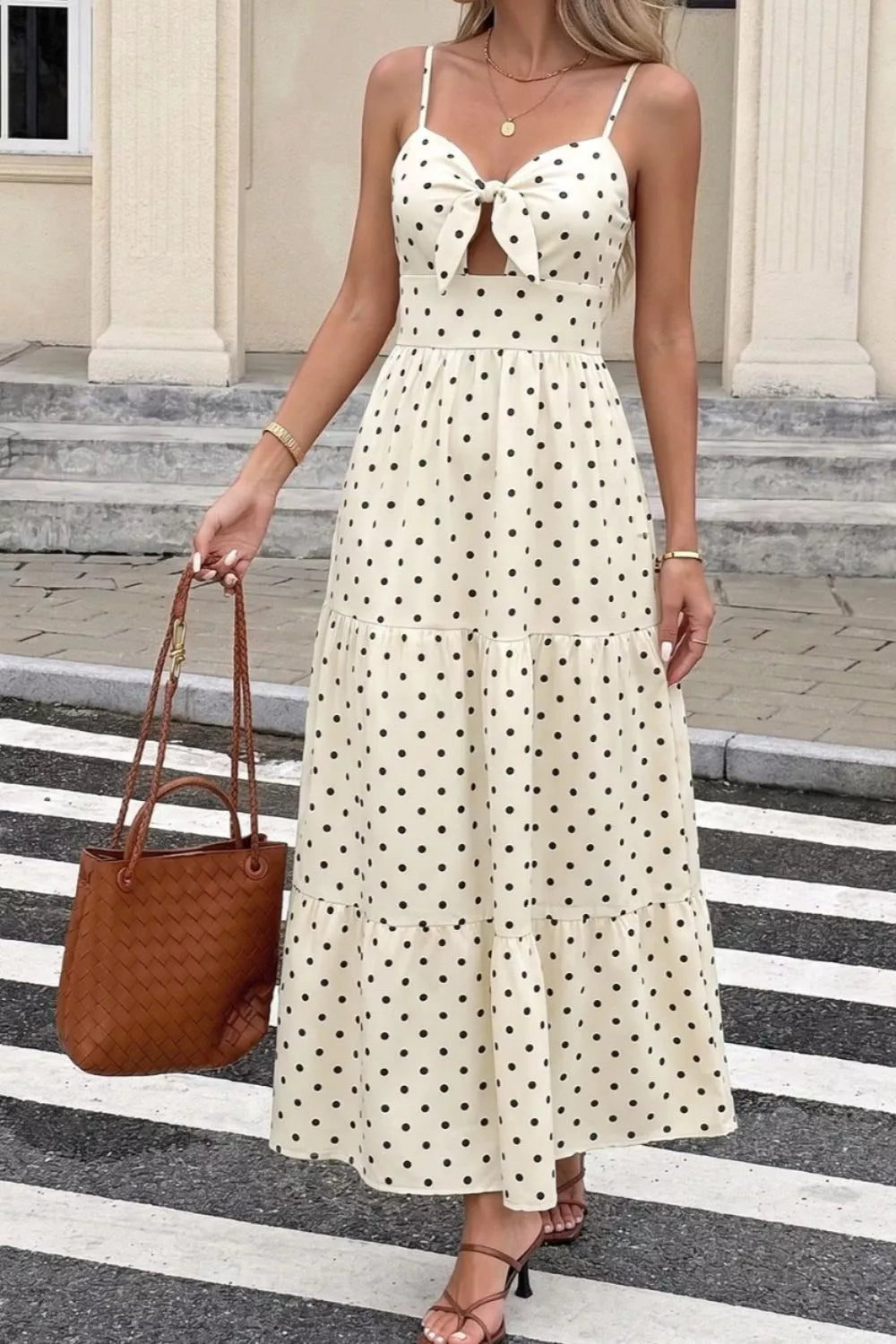 Polka Dot Tie-Front Cutout Maxi Dress in Cream