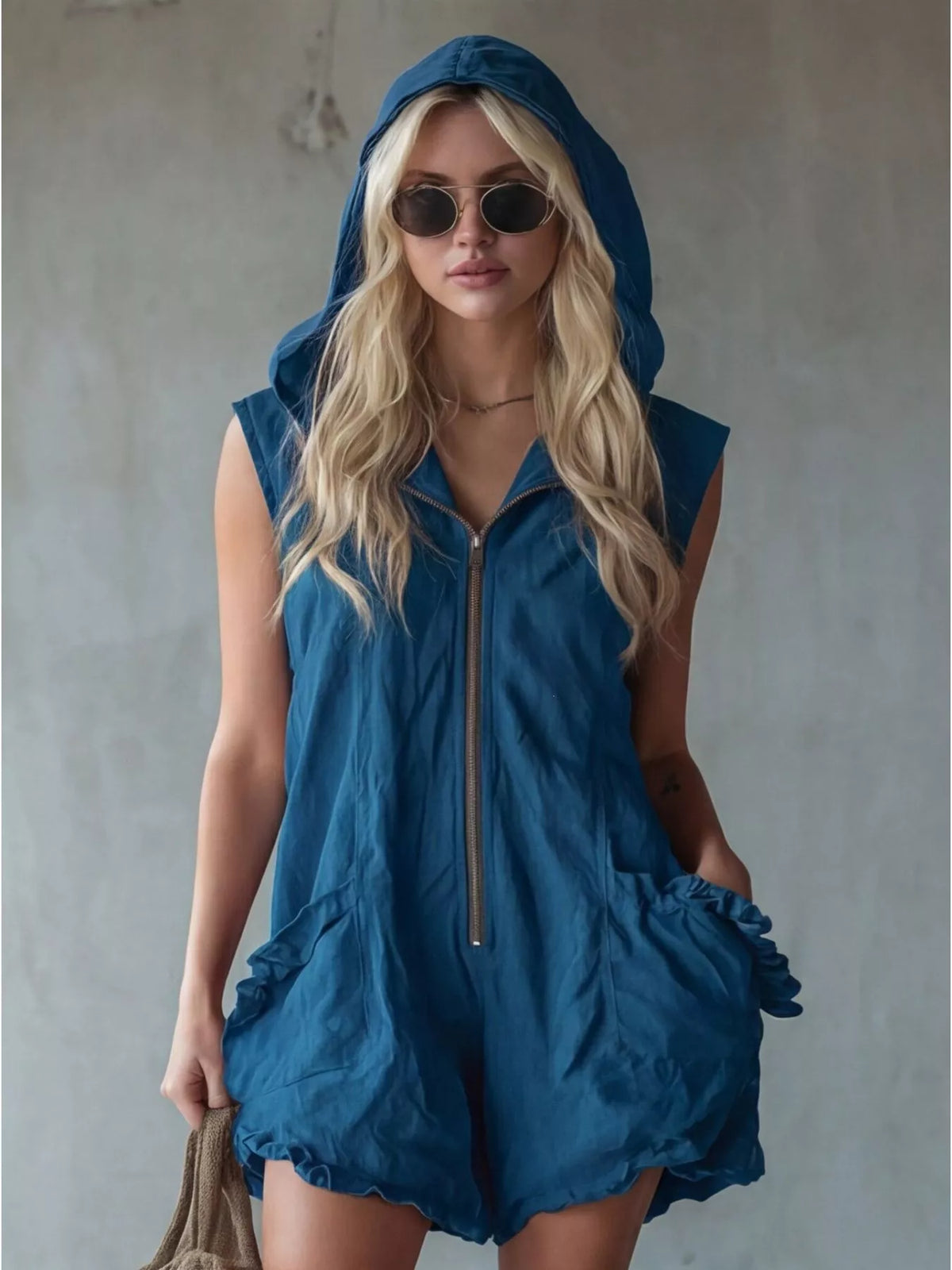 Hooded Zipper Romper with Ruffled Pockets