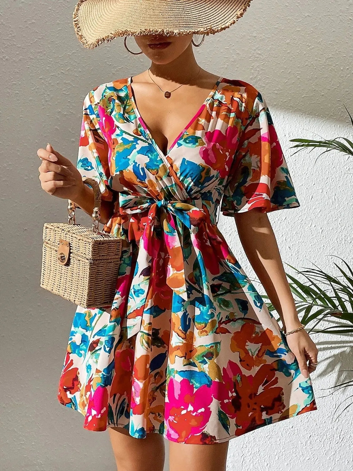 Printed Surplice Mini Dress in Hot Pink