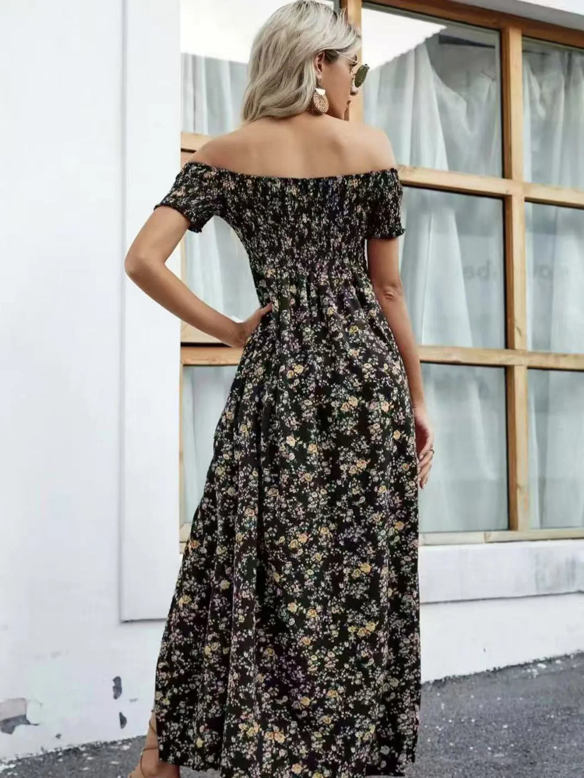 Off-Shoulder Smocked Floral Midi Dress