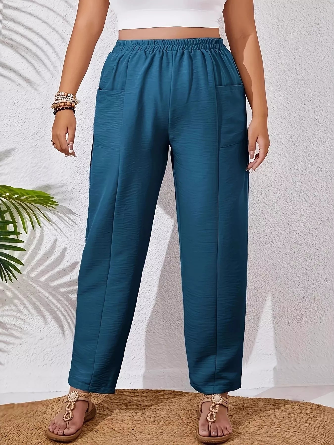Relaxed Fit Elastic Waist Pants in Deep Teal