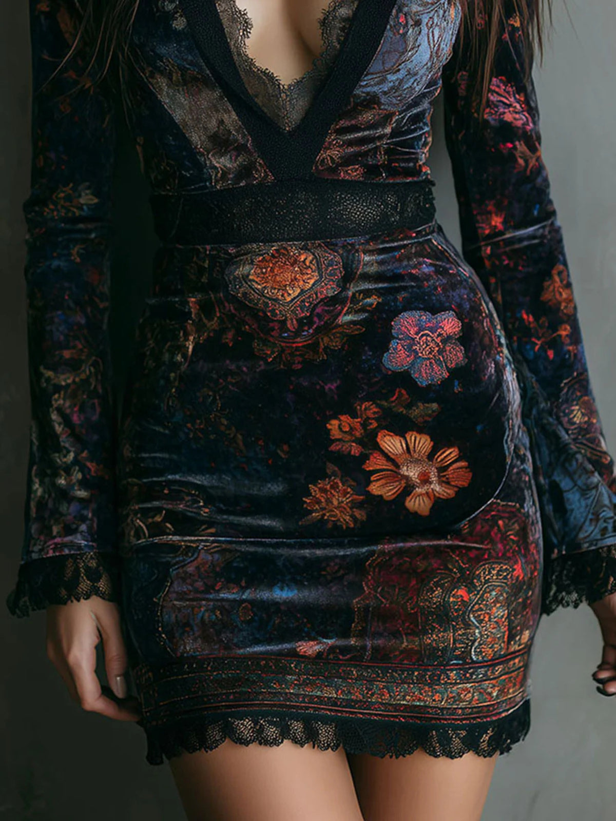 Floral Velvet Mini Dress with Lace Detail