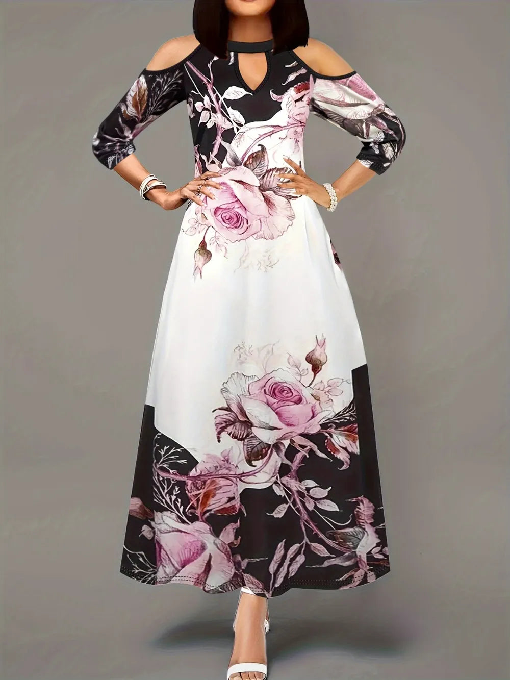 Cutout Printed Cold Shoulder Dress in White