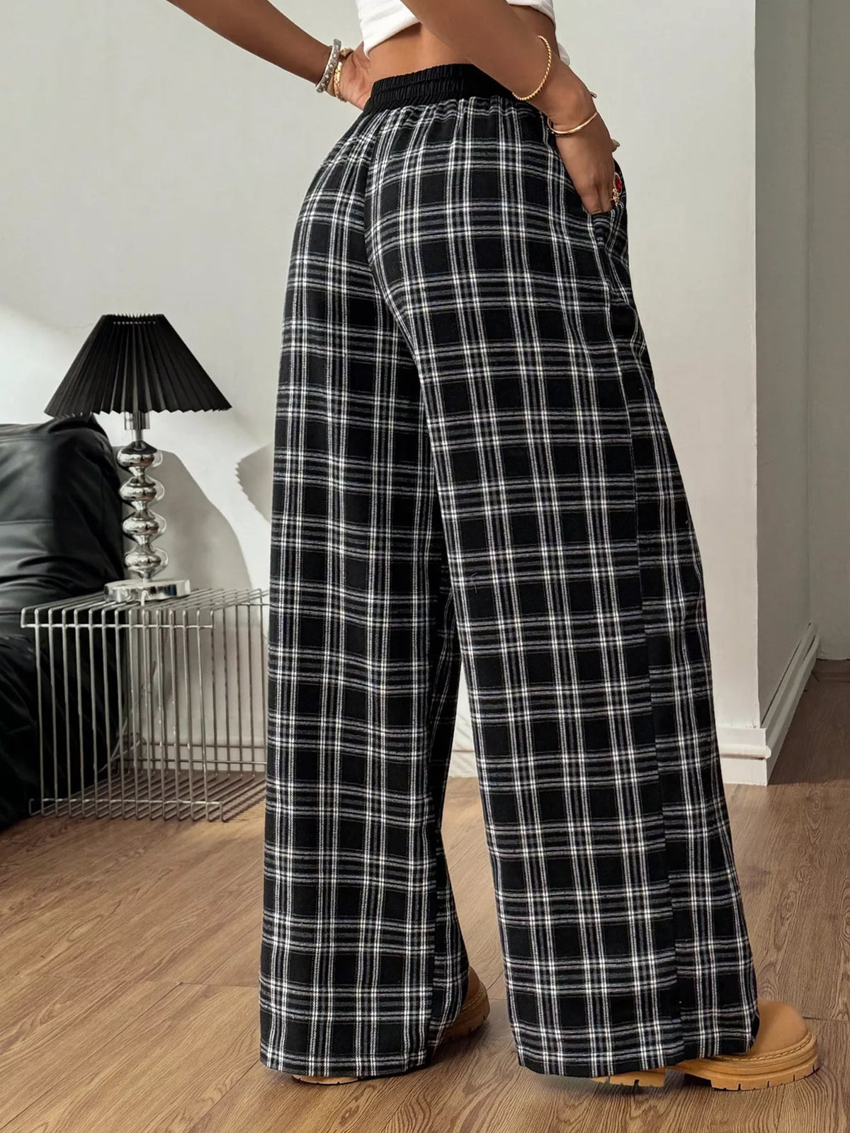 Plaid Drawstring Wide Leg Pants