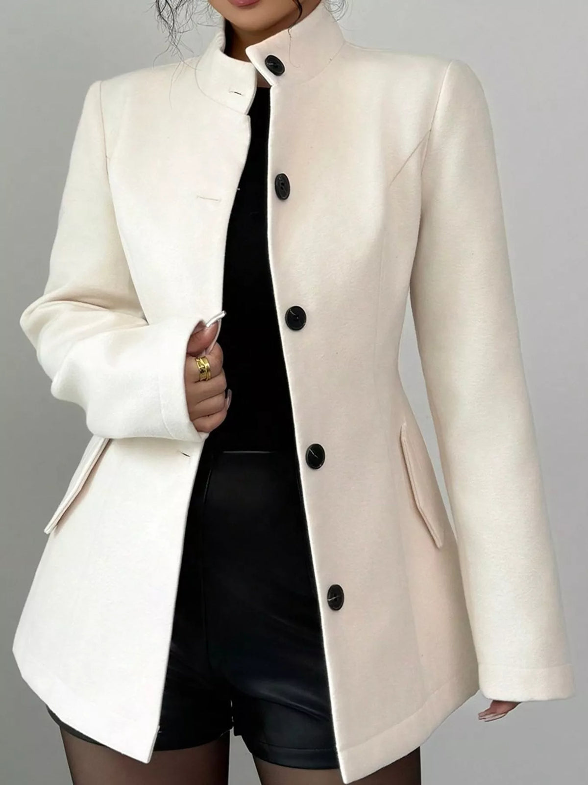 Stand-Collar Single-Breasted Jacket in Creamy White