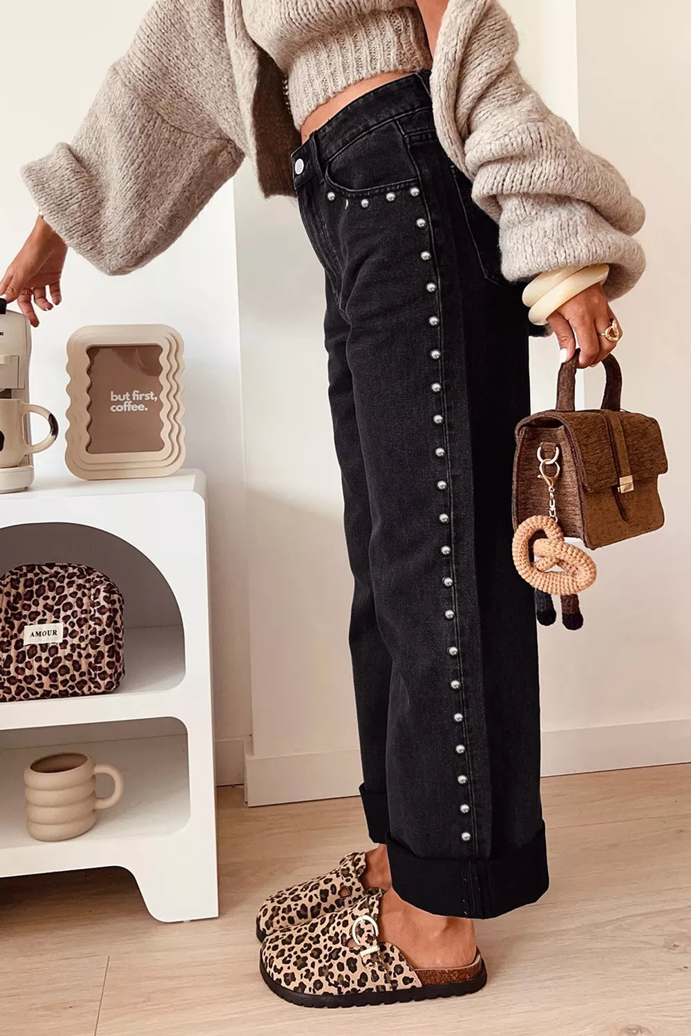 Studded Straight-Leg Jeans in Black