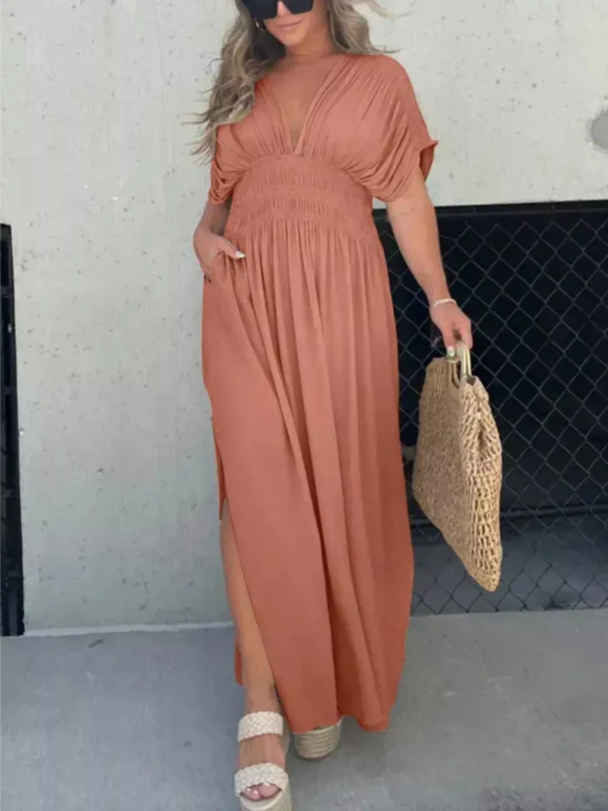 Smocked Waist V-Neck Slit Maxi Dress