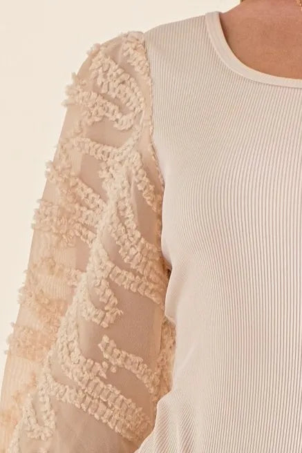 And The Why Textured Puff Sleeve Bodysuit in Beige