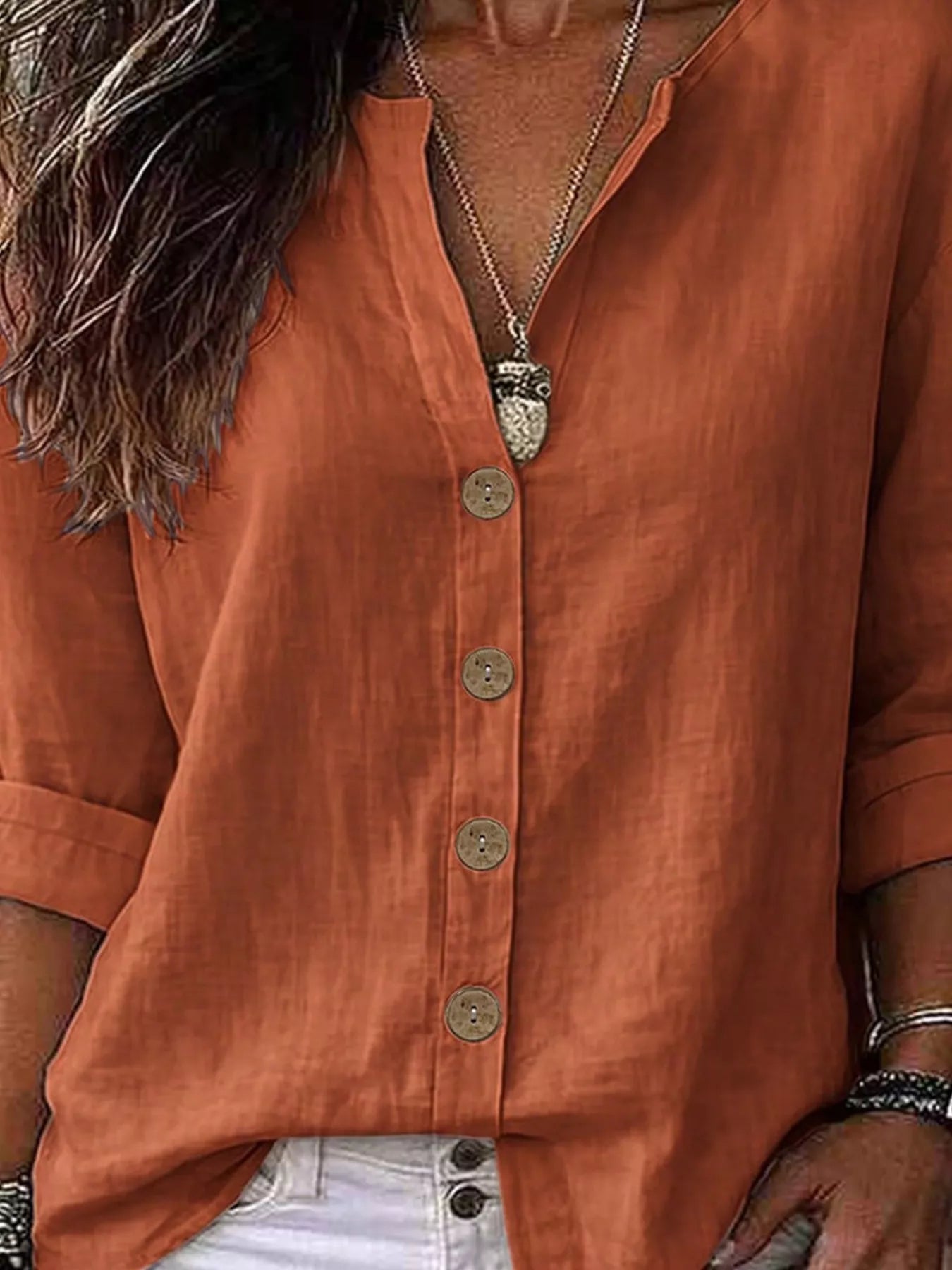 V-Neck Button-Up Long Sleeve Shirt