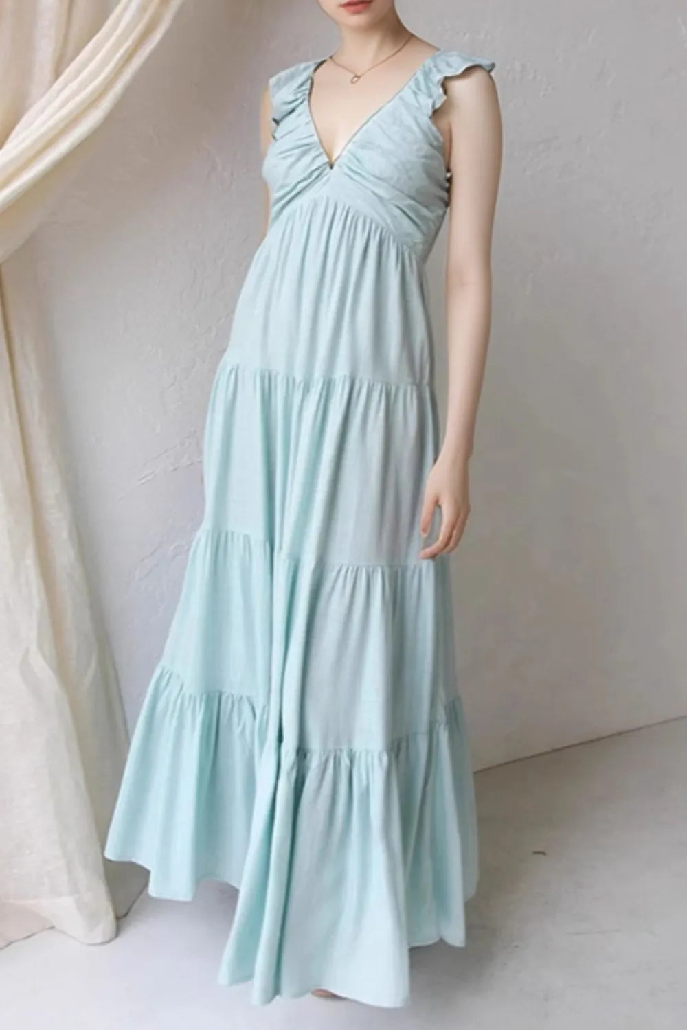 Ruffled V-Neck Tiered Cotton Dress