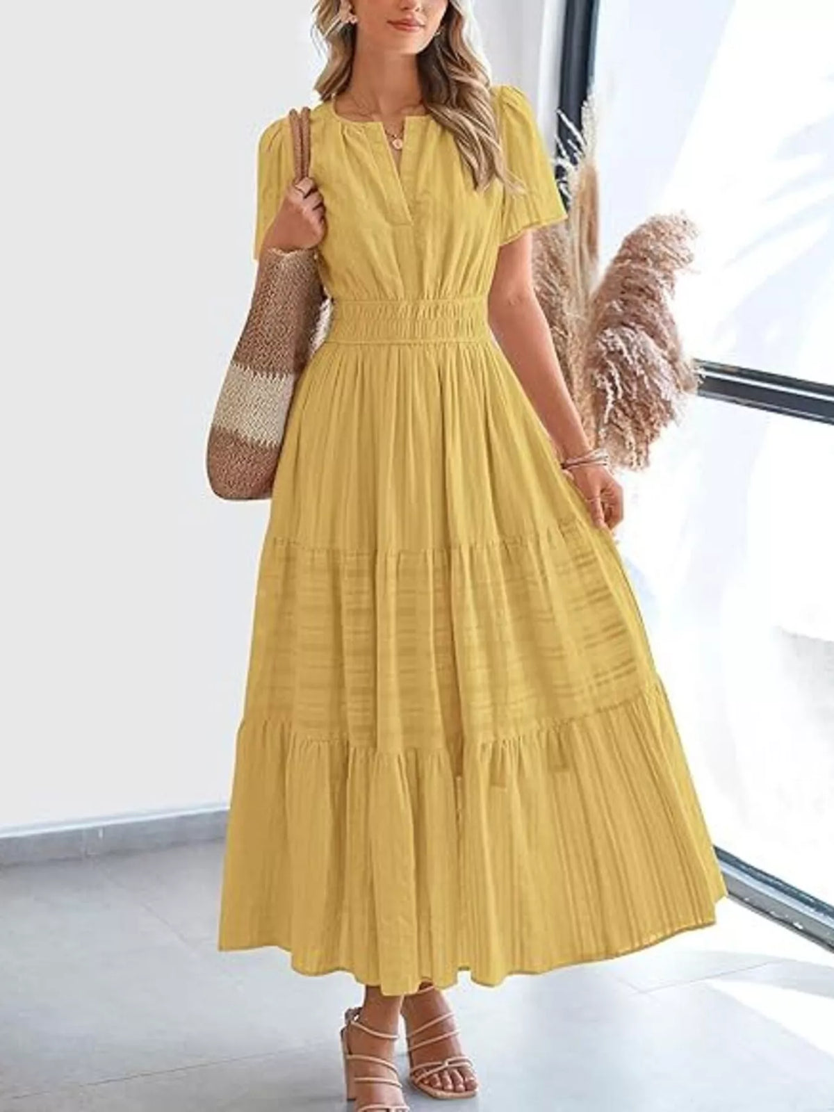 Short Sleeve Tiered Midi Dress with Pockets