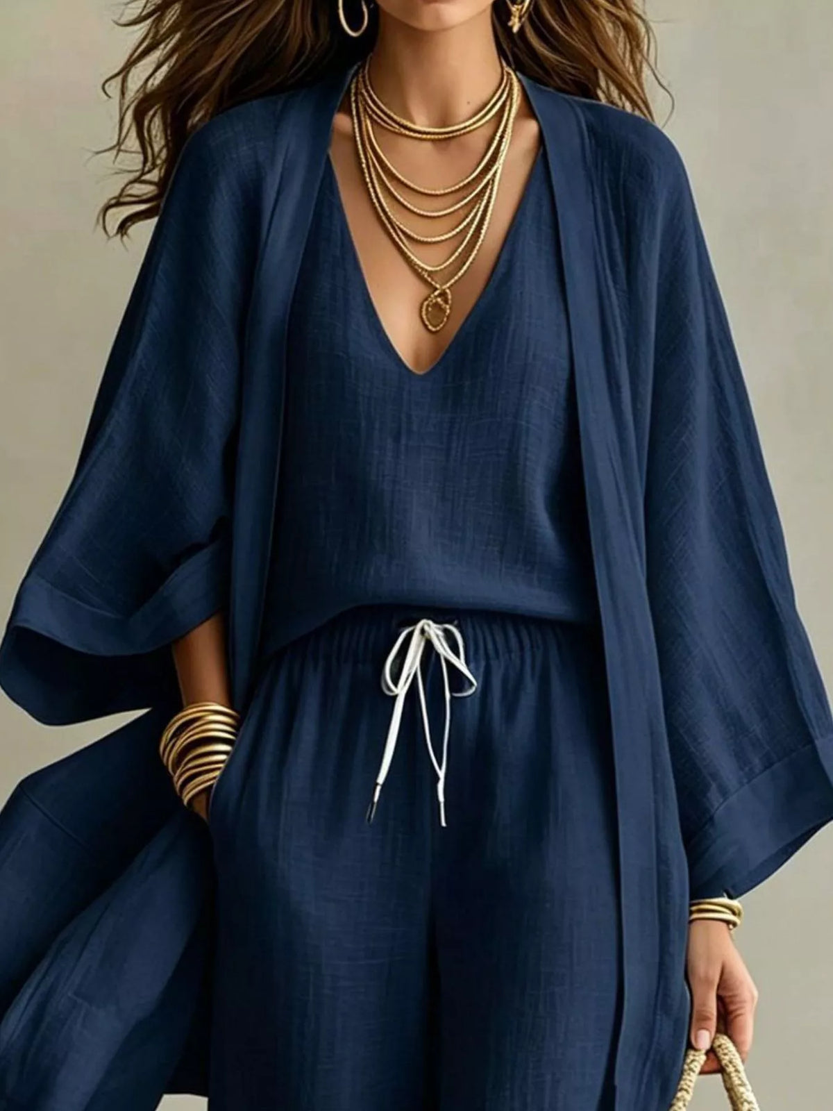 V-Neck Top, Cardigan and Pants Set