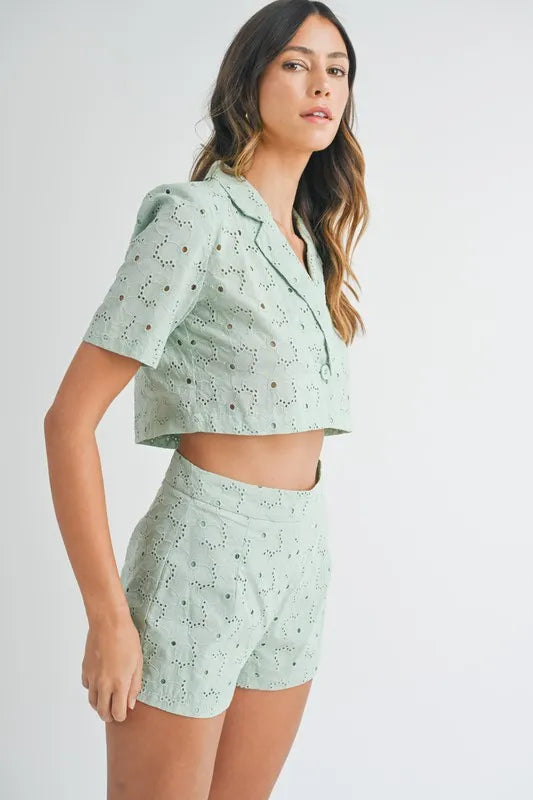 Eyelet Crop Top and Shorts Set in Mint