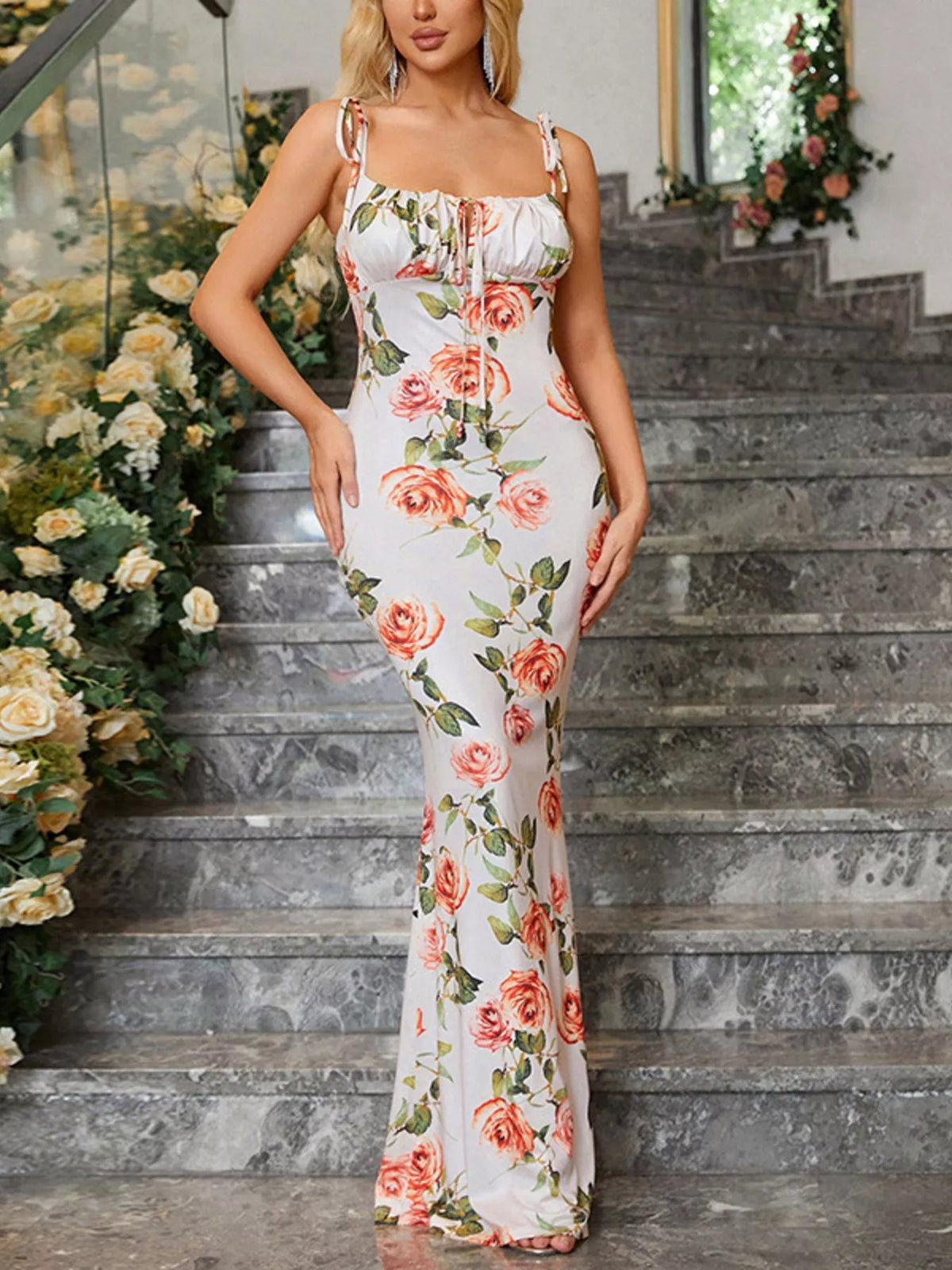 Floral Print Tie Strap Bodycon Maxi Dress by Calliope
