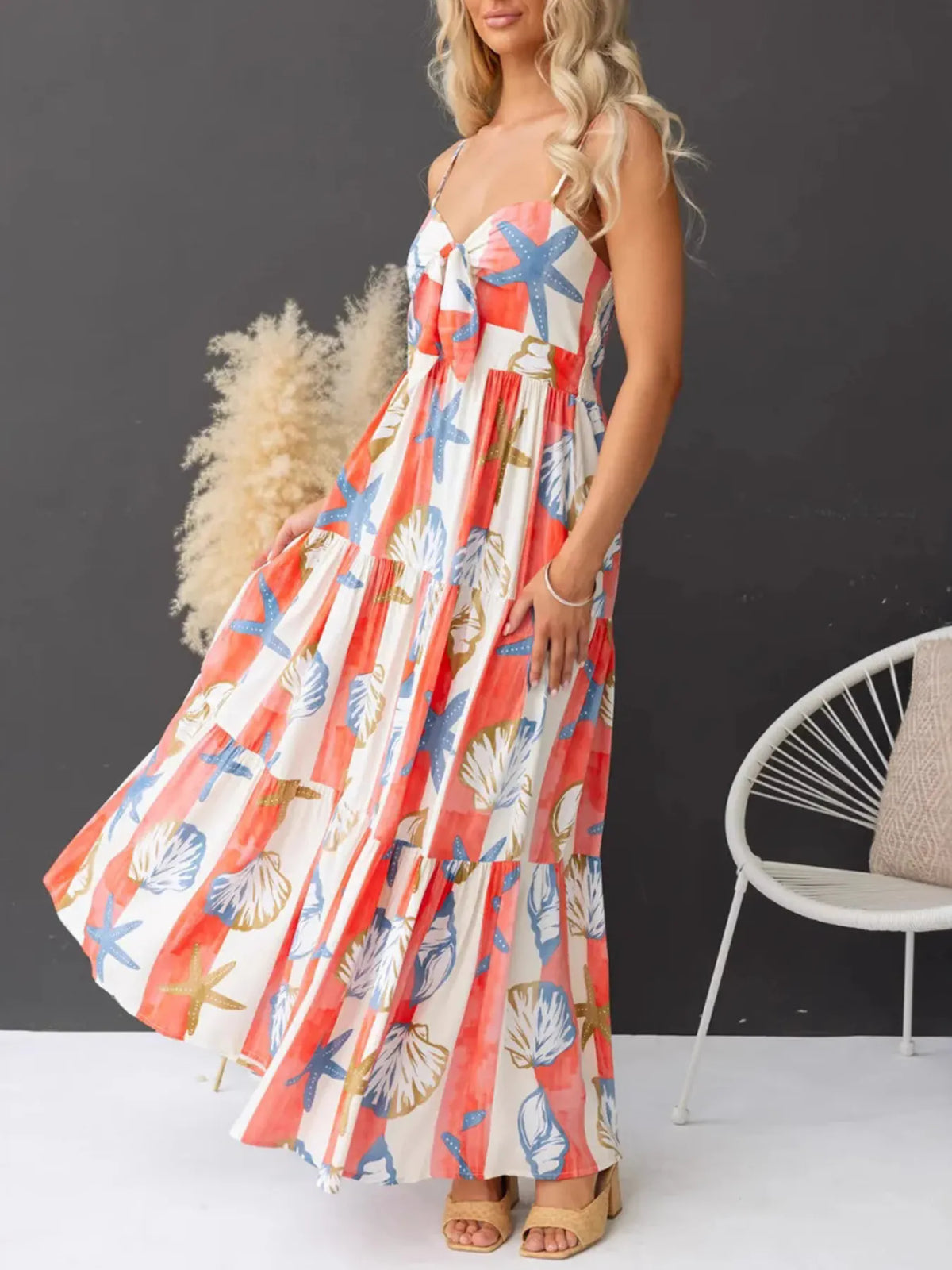 Printed Spaghetti Strap Maxi Dress with Pockets in Color