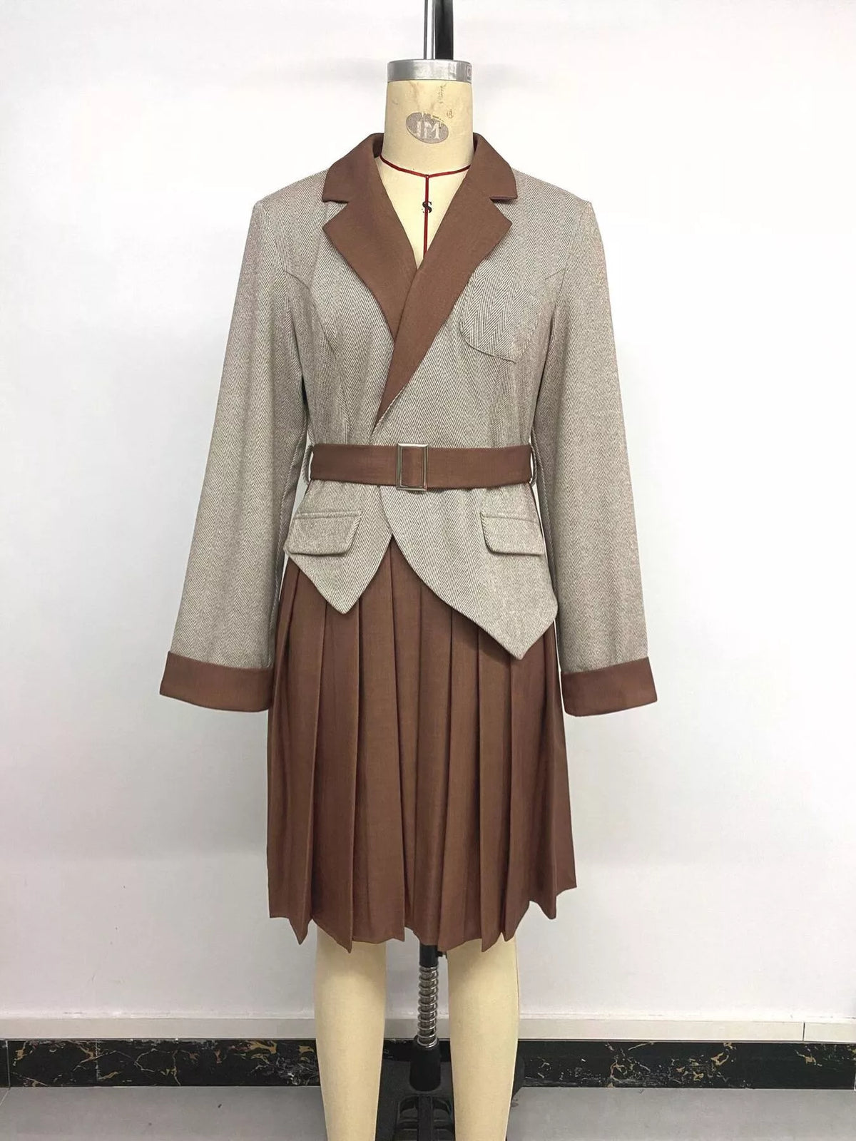 Pleated Patchwork Blazer Belt Dress in Brown