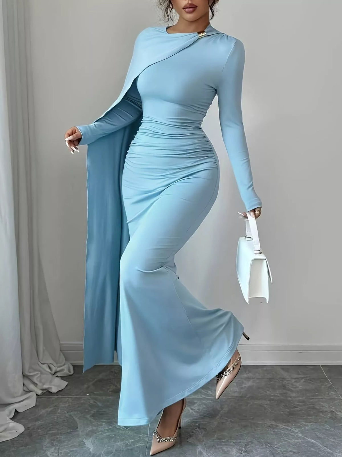 Ruched Long Sleeve Maxi Dress in Sky Blue