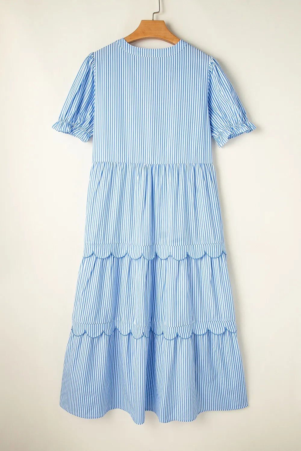Striped Scallop Tiered Midi Dress in Light Blue