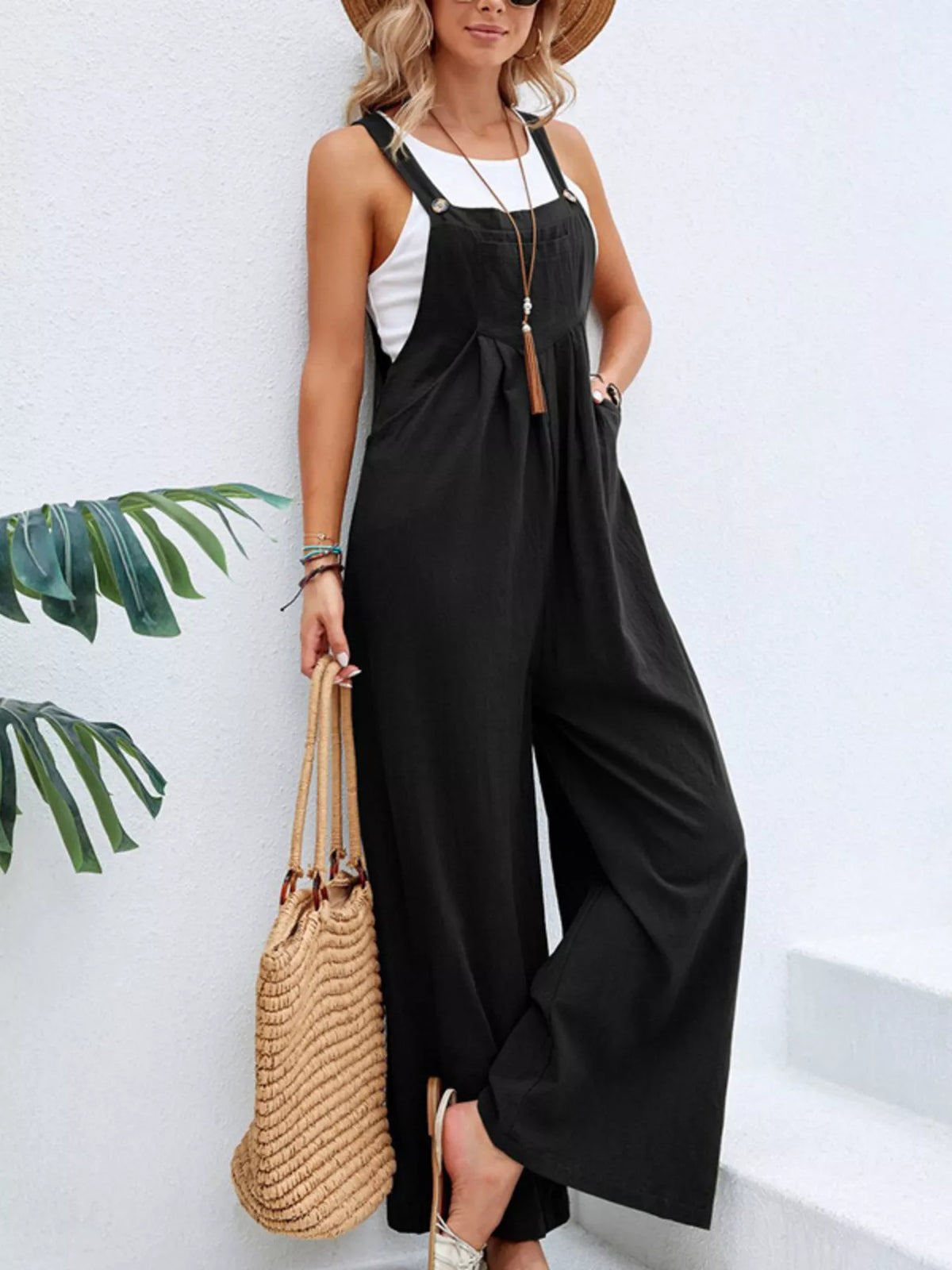 Casual Wide-Leg Overalls with Pockets