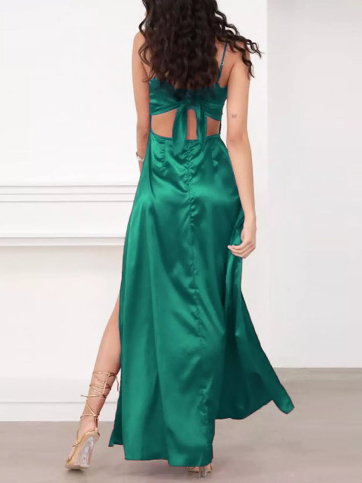 Tied Spaghetti Strap High-Slit Maxi Dress