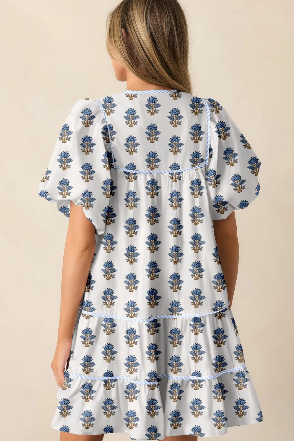 Floral Puff Sleeve Mini Dress in Dusty Blue