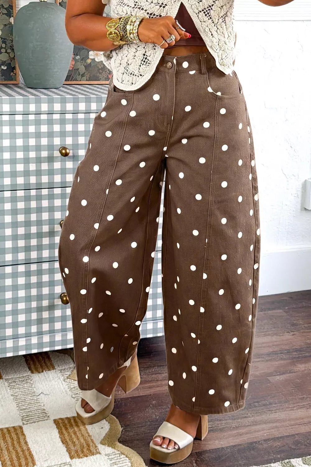 Polka Dot Print Barrel Jeans in Dark Brown