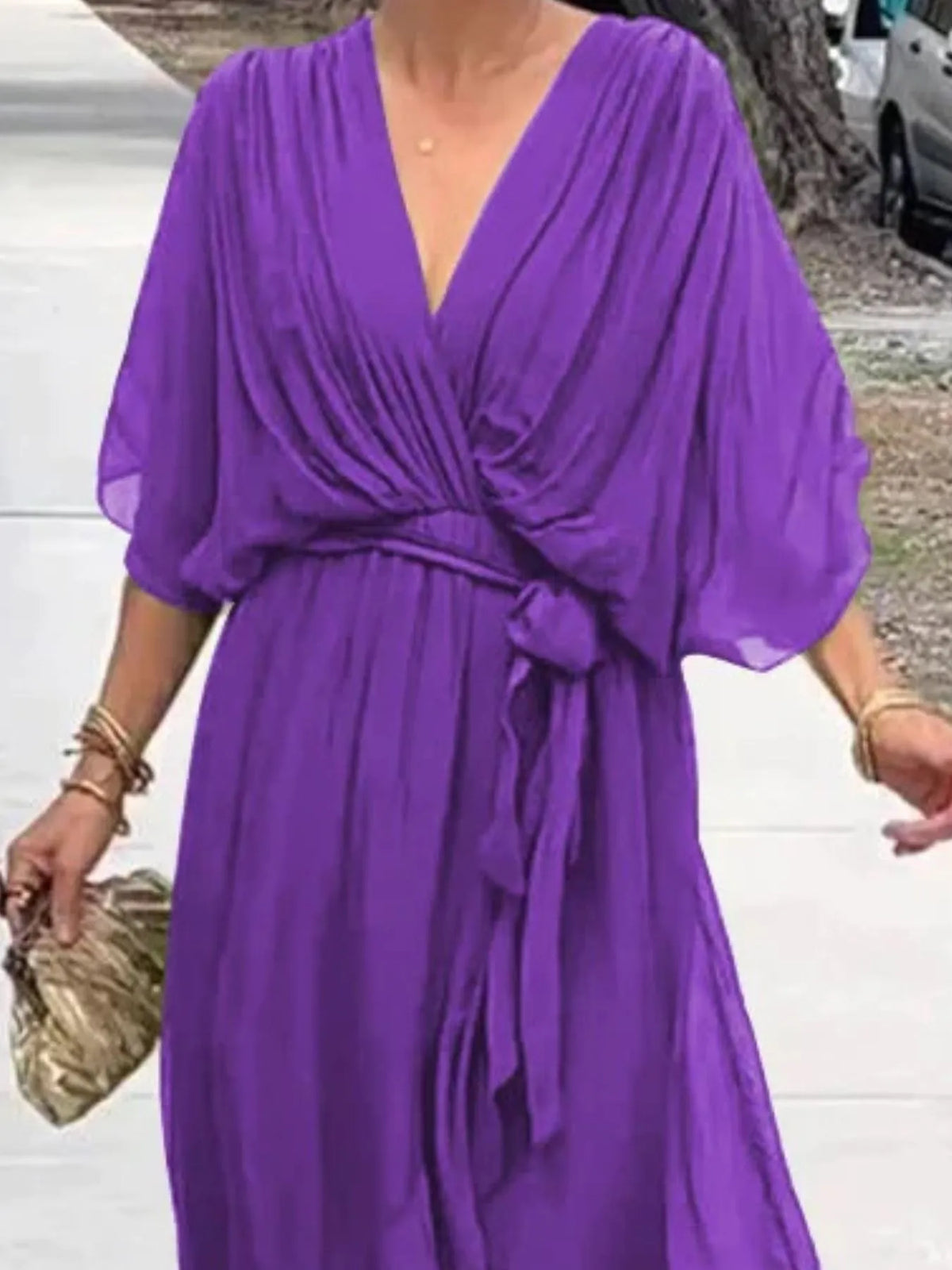 Flowy Tie-Front Midi Dress with Flutter Sleeves