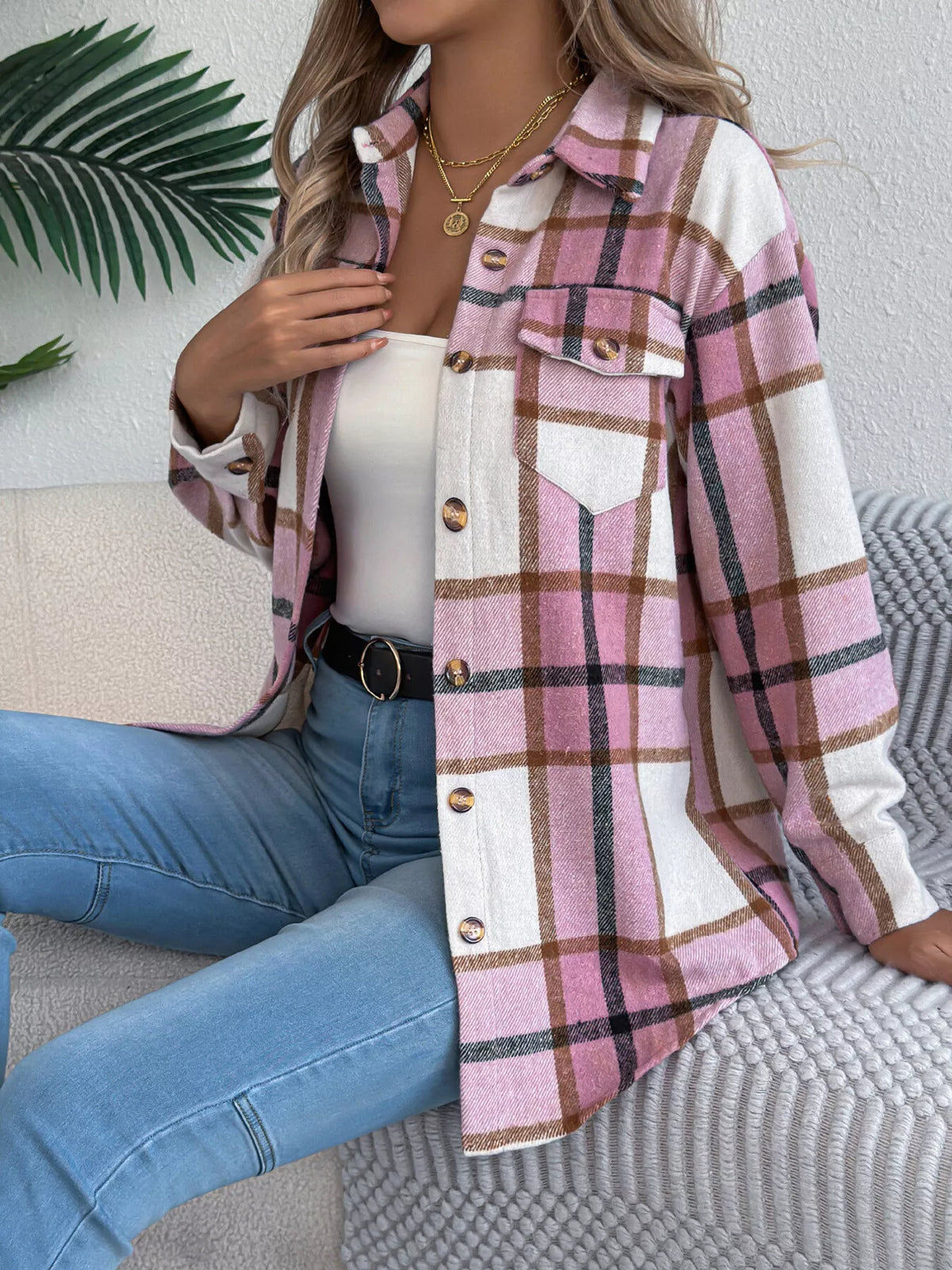 Plaid Button-Down Shacket by Clise