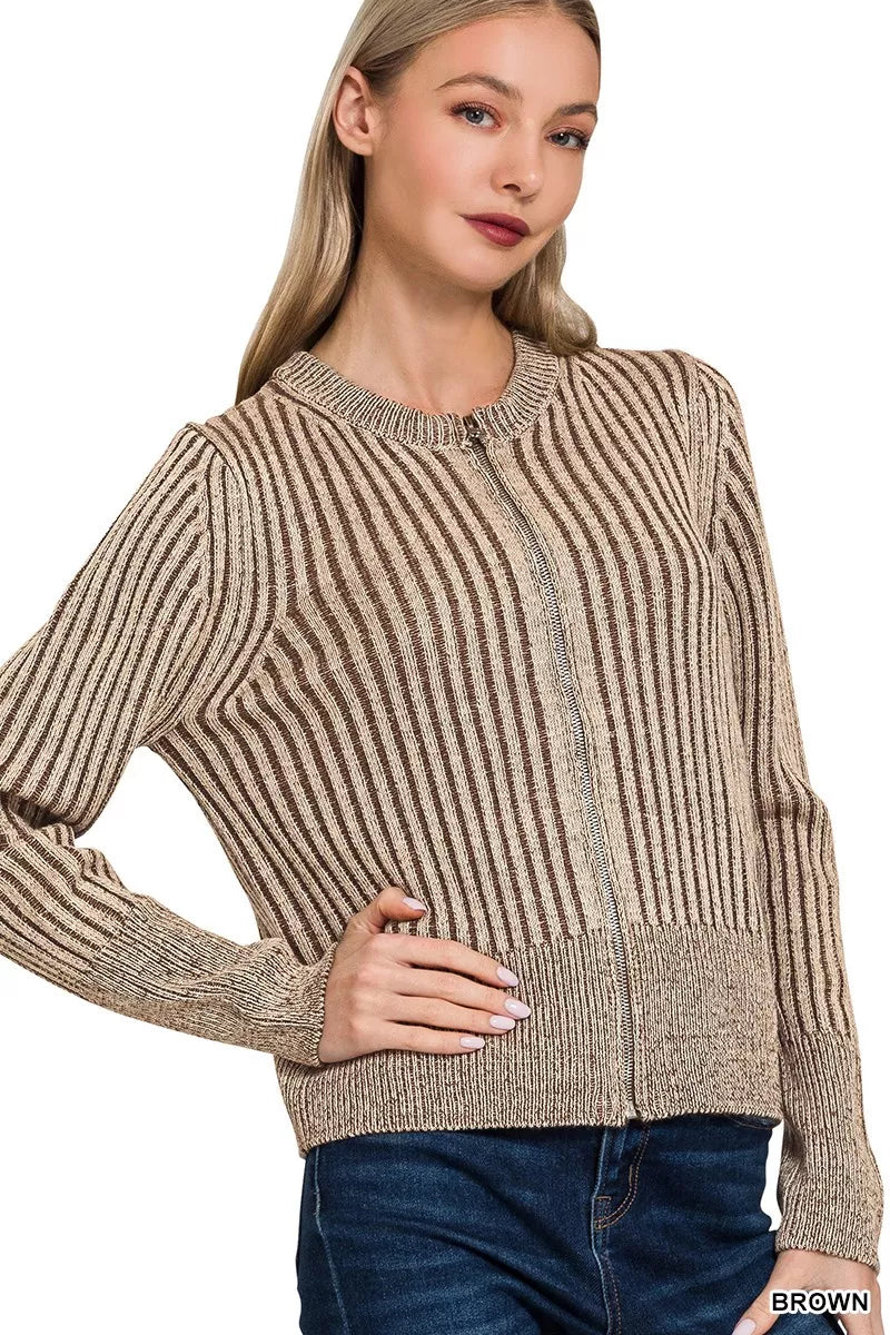 Zenana Ribbed Two-Tone Zip-Up Cardigan in Brown