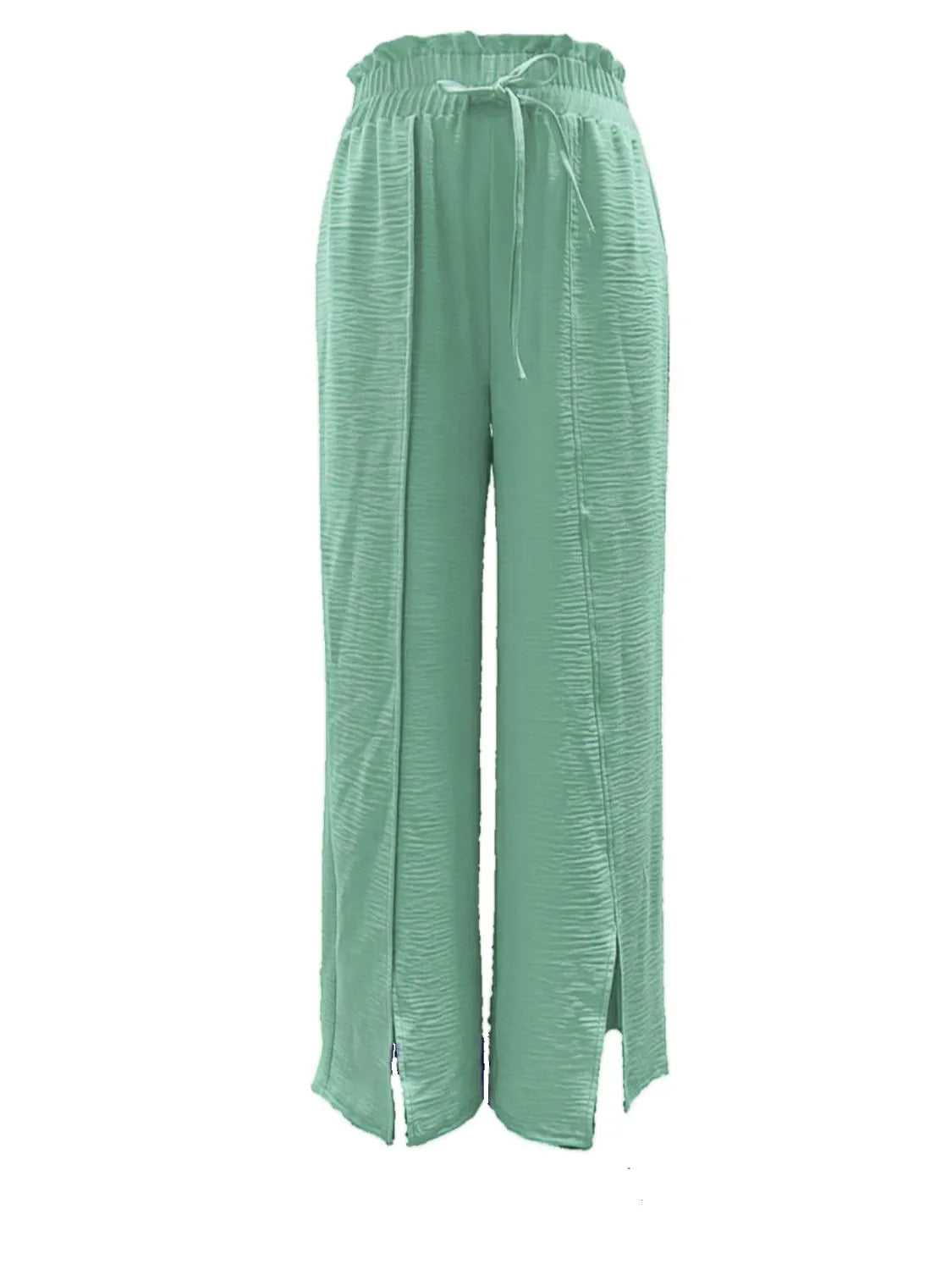 Frilled Slit Wide-Leg Pants