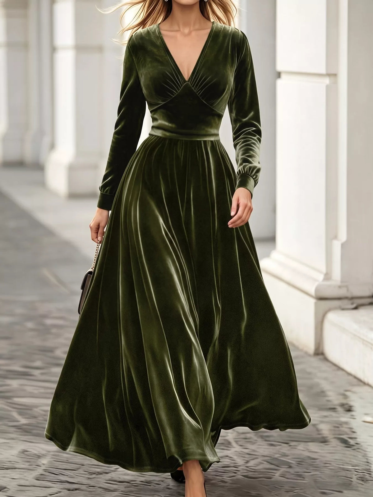 V-Neck Long Sleeve Velvet Maxi Dress in Army Green